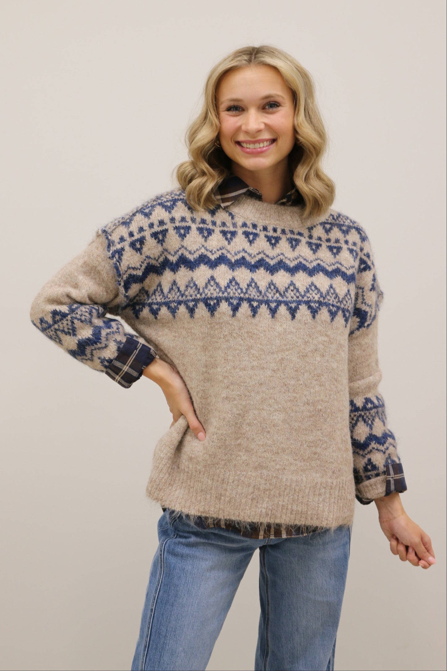 Cabin Fever Oversized Long Sleeve Printed Sweater - Tan Navy