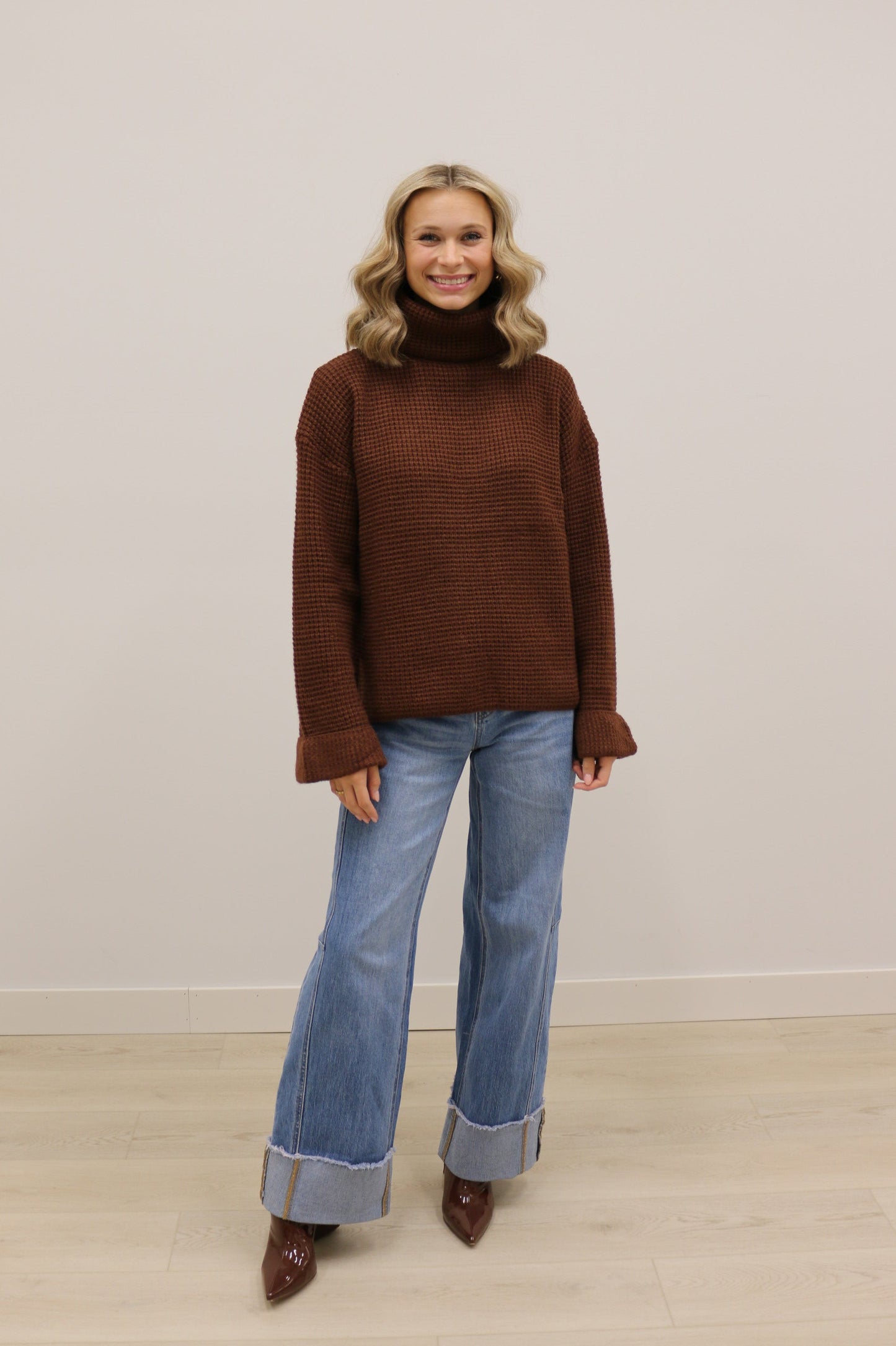 Clara Long Sleeve Chunky Knit Turtleneck Sweater - Chocolate Brown