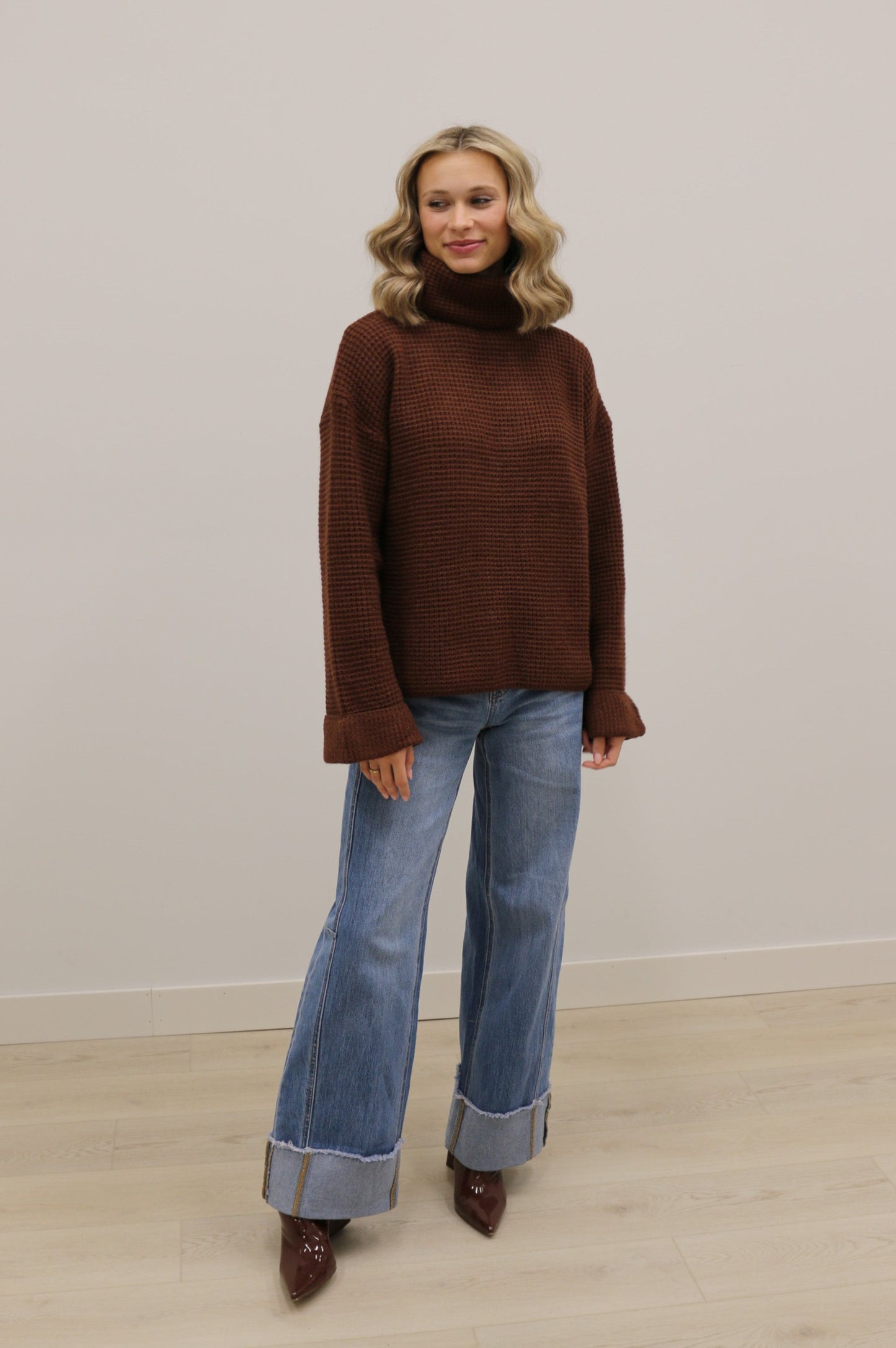 Clara Long Sleeve Chunky Knit Turtleneck Sweater - Chocolate Brown
