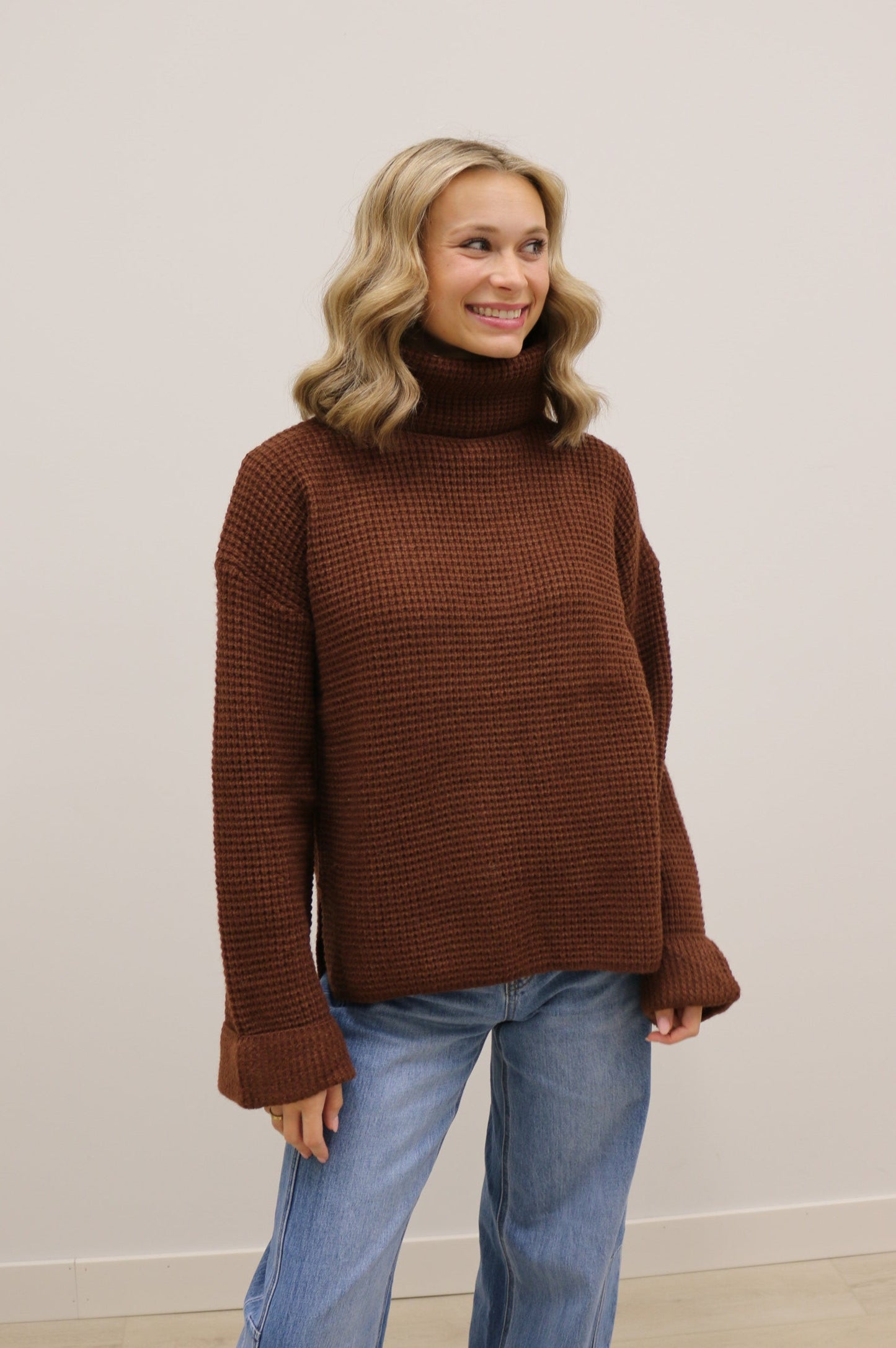 Clara Long Sleeve Chunky Knit Turtleneck Sweater - Chocolate Brown