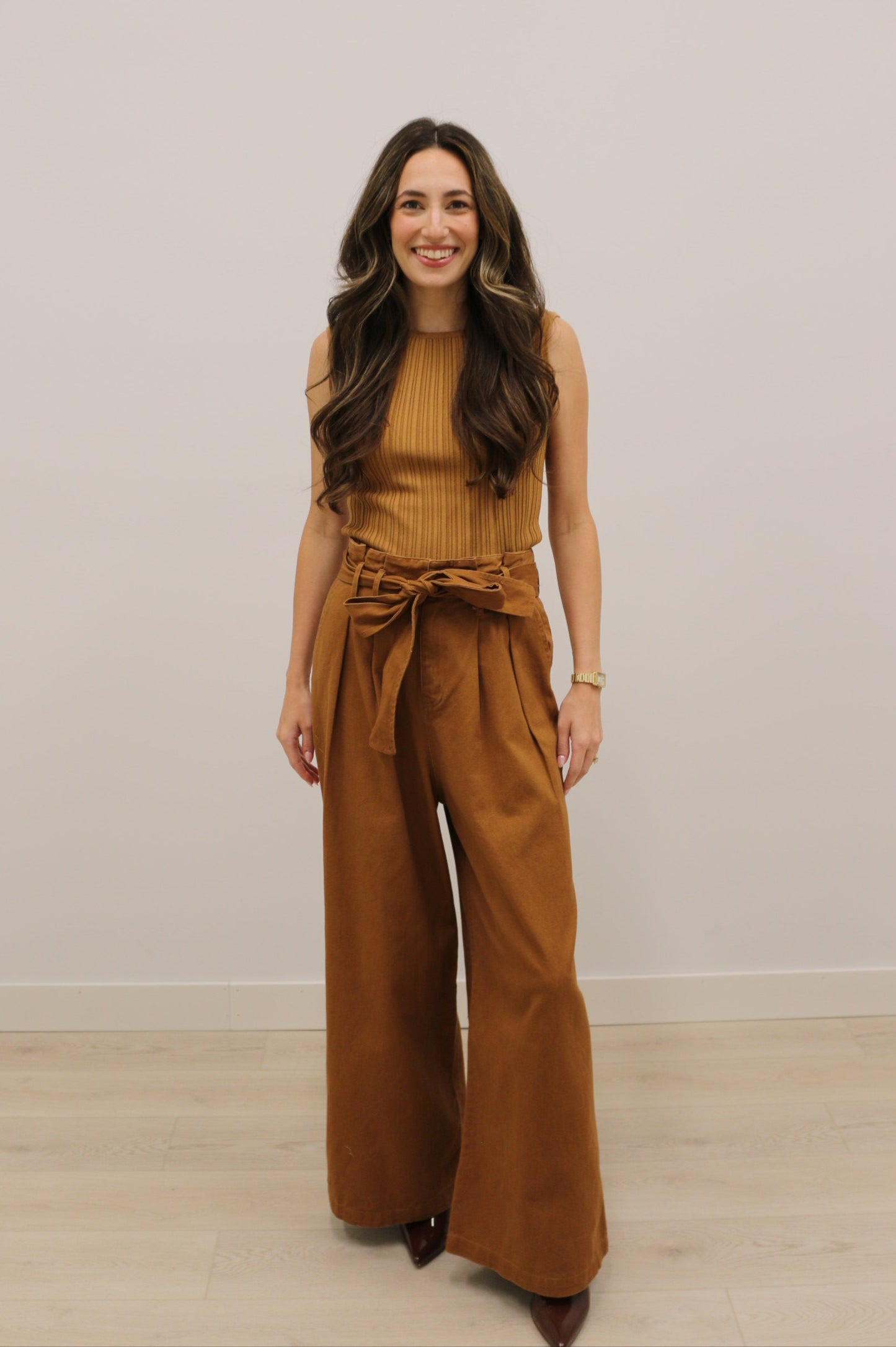 Cleo High Waisted Wide Leg Paper Bag Pants - Brown