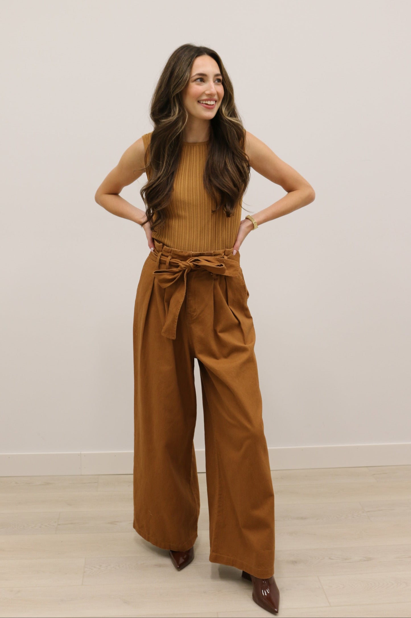 Cleo High Waisted Wide Leg Paper Bag Pants - Brown