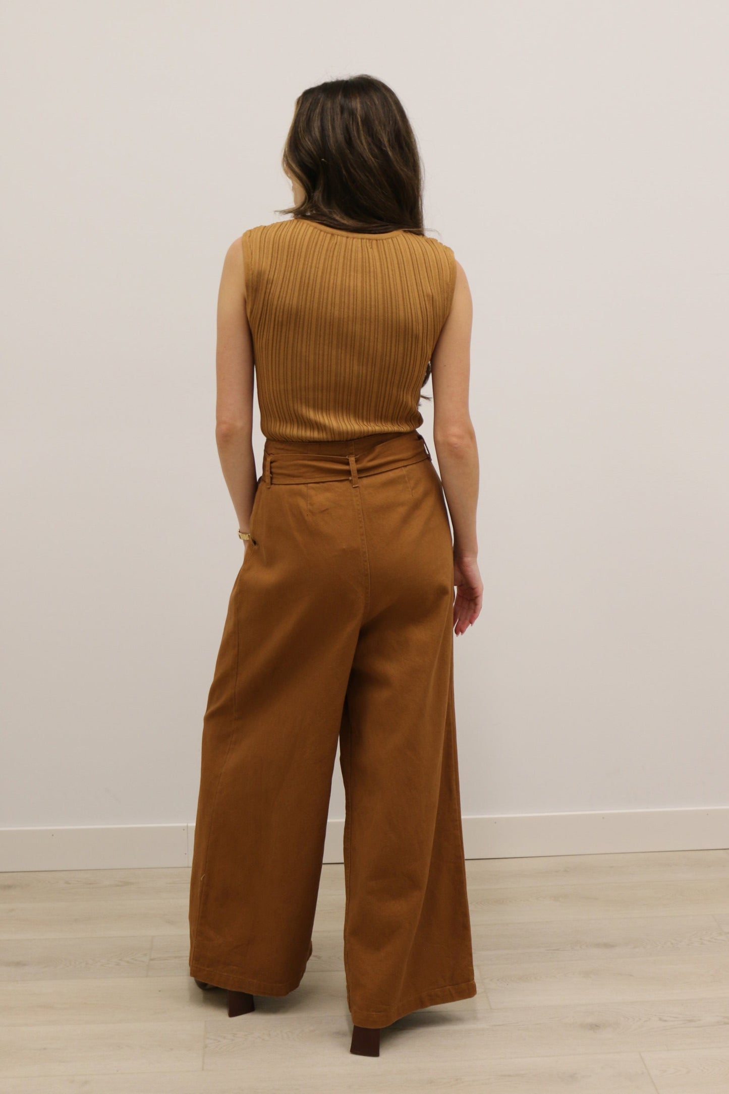 Cleo High Waisted Wide Leg Paper Bag Pants - Brown