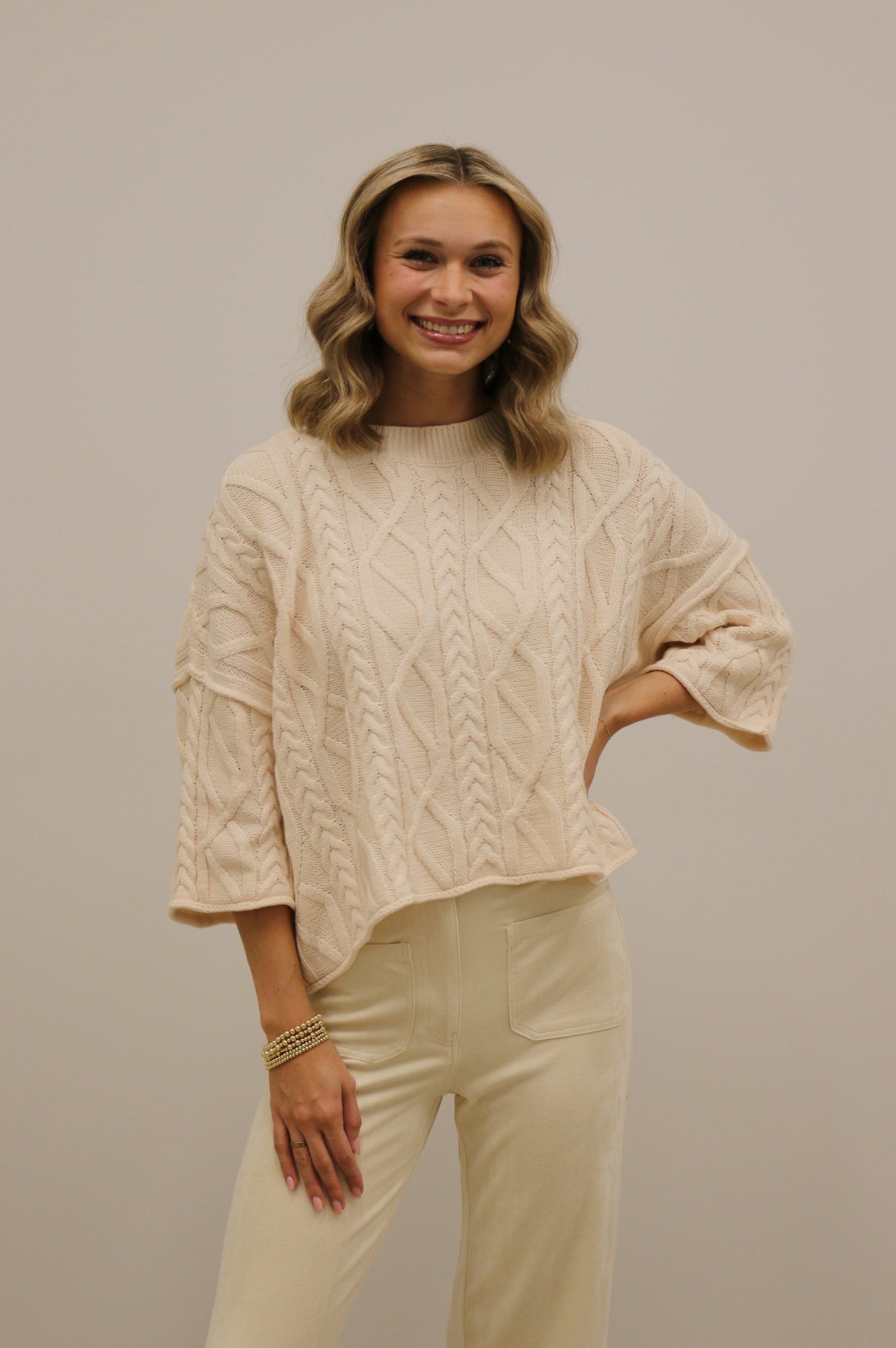 Corrin Cable Knit 3/4 Sleeve Knit Pullover Sweater - Cream