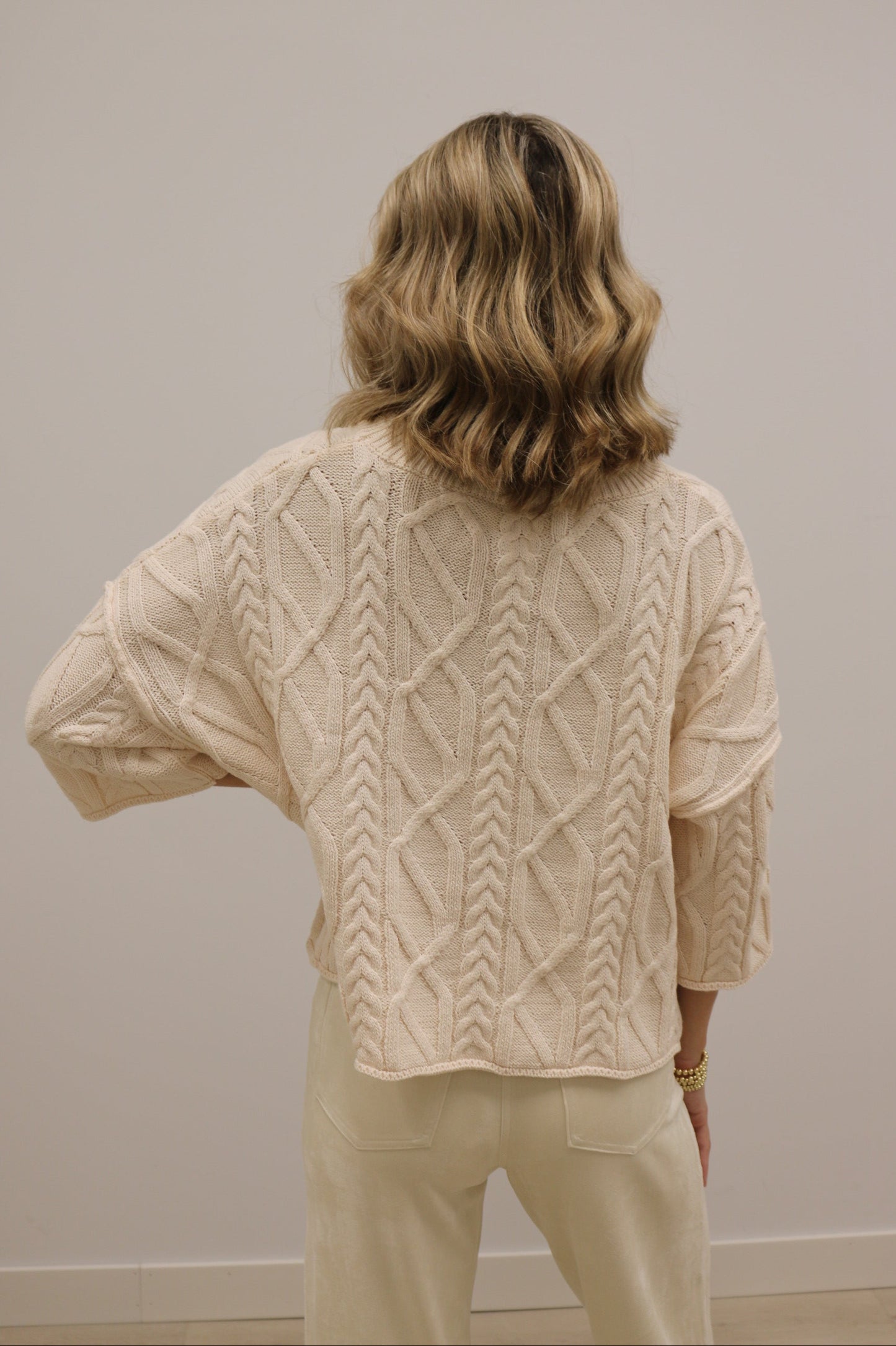 Corrin Cable Knit 3/4 Sleeve Knit Pullover Sweater - Cream