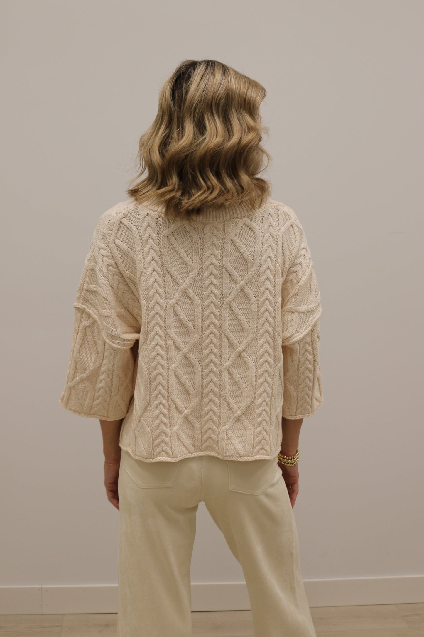 Corrin Cable Knit 3/4 Sleeve Knit Pullover Sweater - Cream