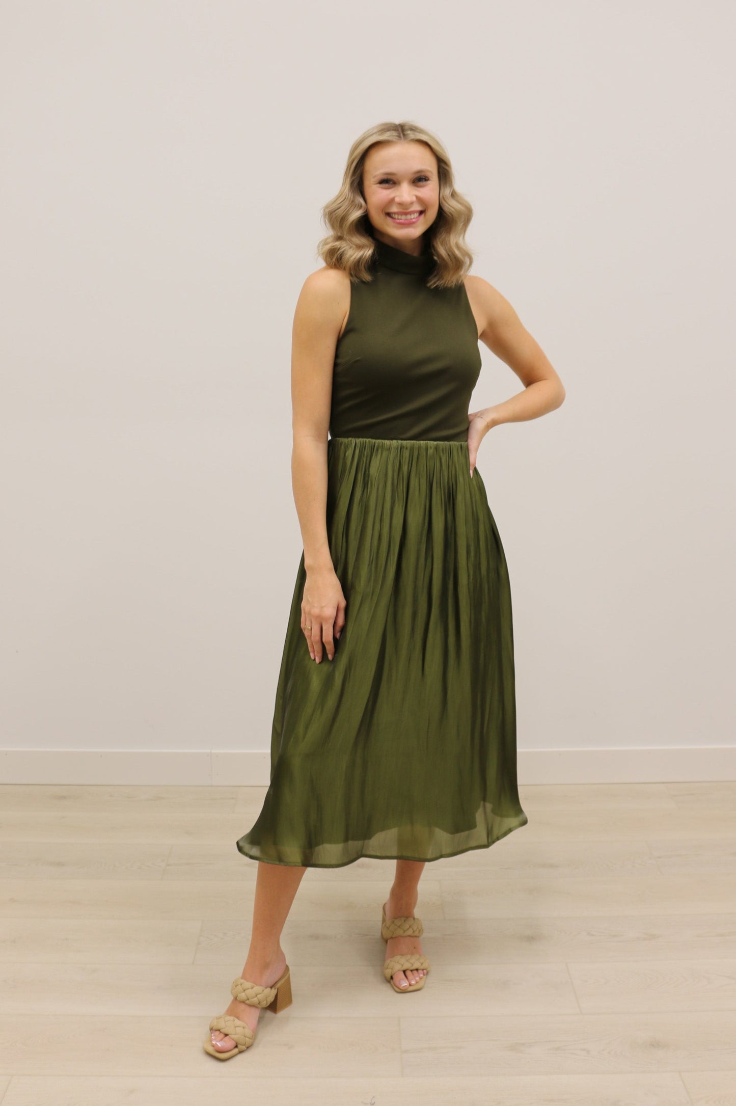 Farrah Mixed Media Taffeta Turtleneck Sleeveless Midi Dress - Olive Green