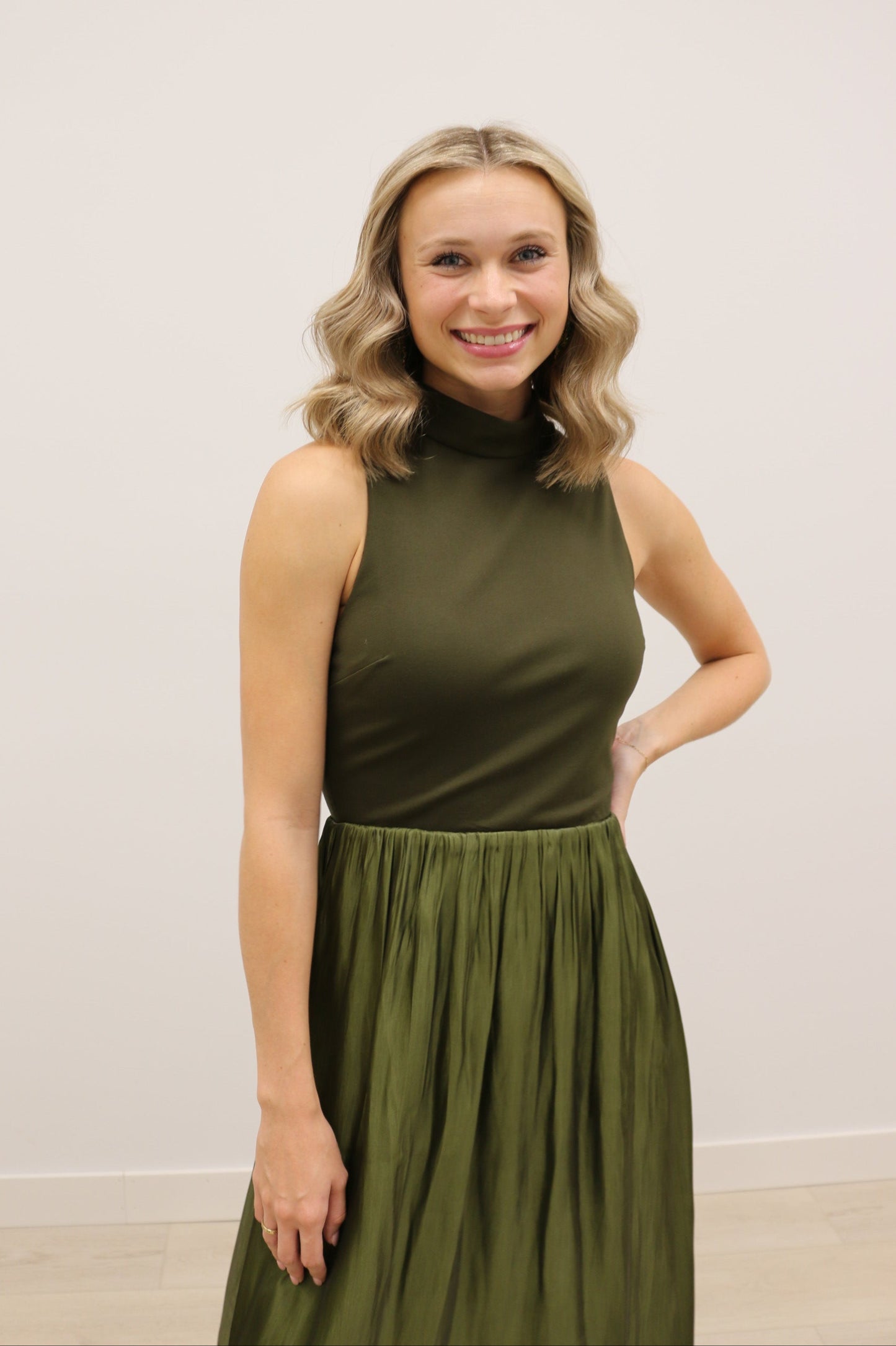 Farrah Mixed Media Taffeta Turtleneck Sleeveless Midi Dress - Olive Green