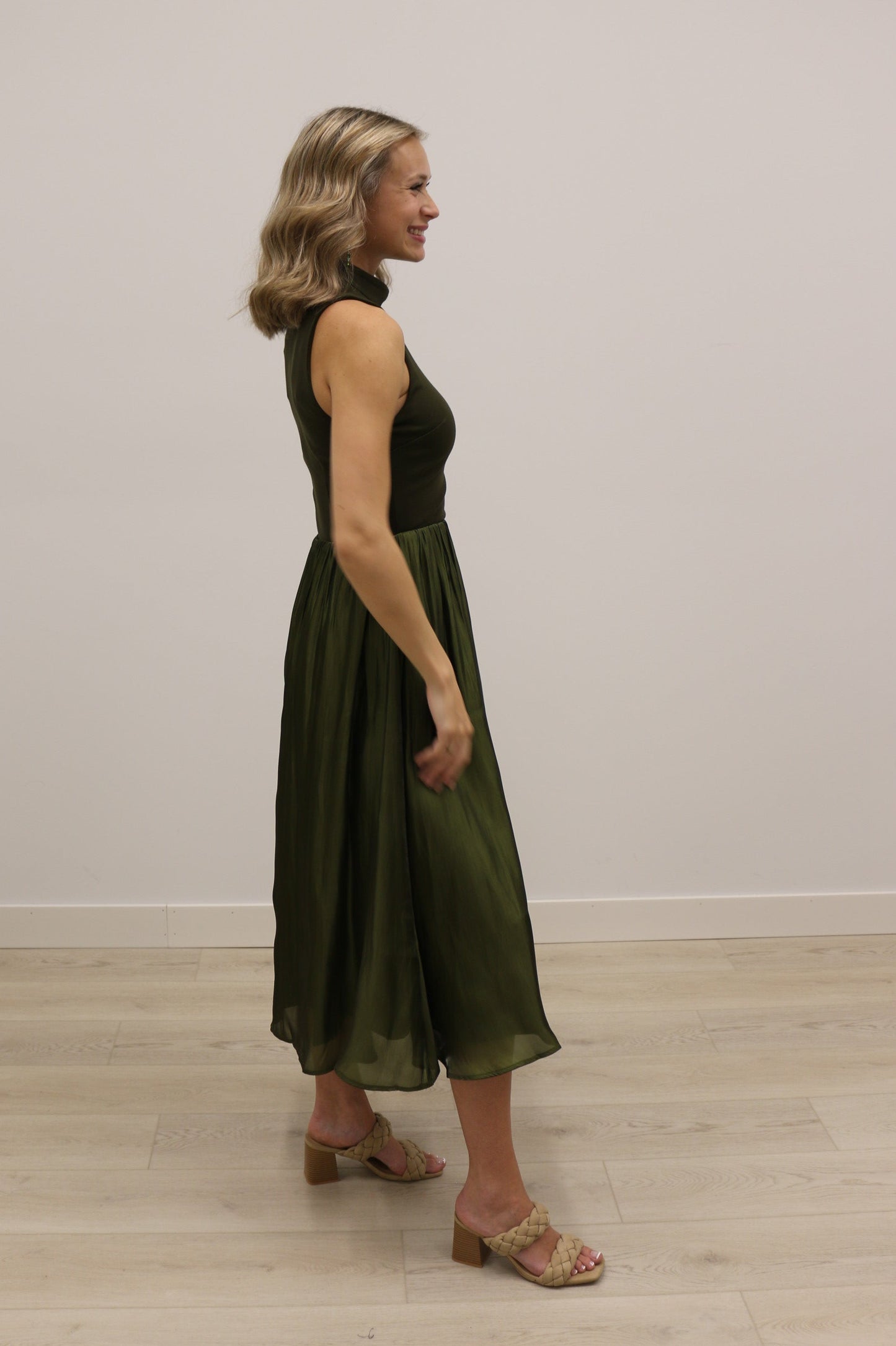Farrah Mixed Media Taffeta Turtleneck Sleeveless Midi Dress - Olive Green