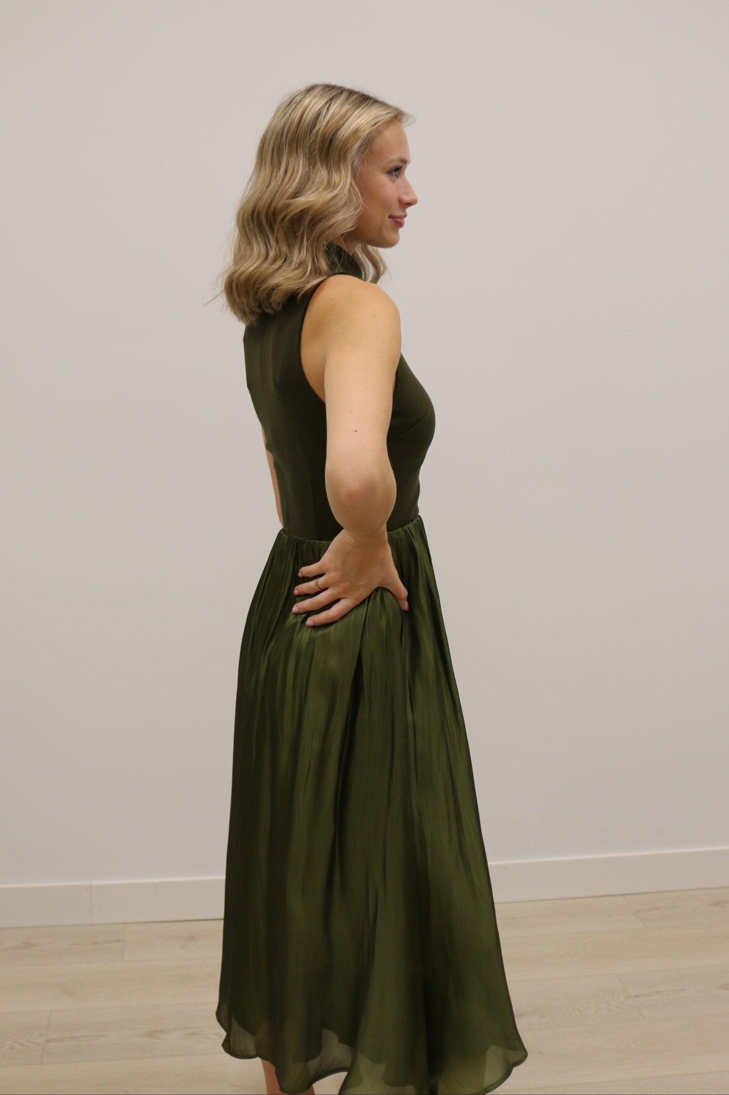 Farrah Mixed Media Taffeta Turtleneck Sleeveless Midi Dress - Olive Green