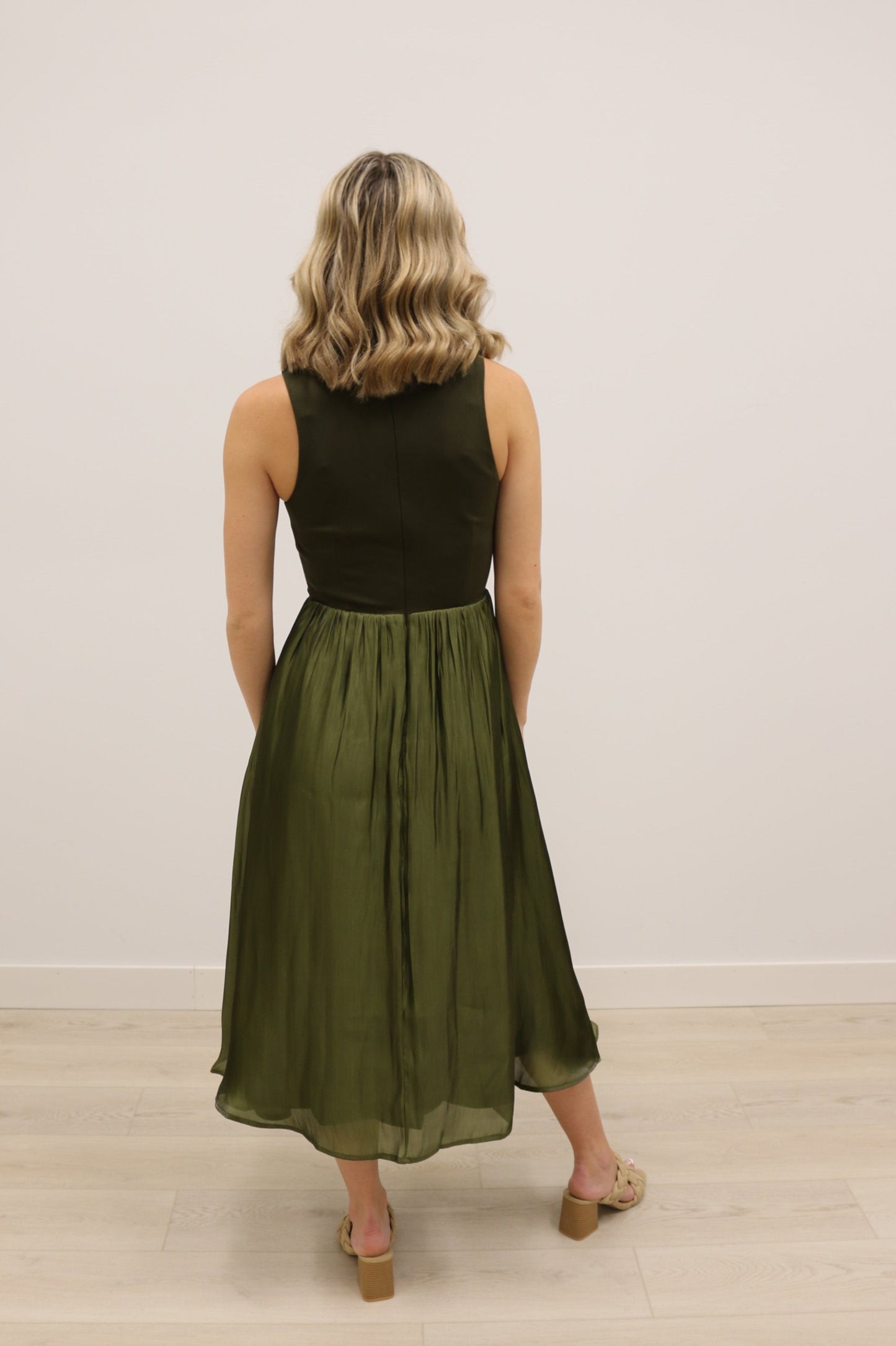 Farrah Mixed Media Taffeta Turtleneck Sleeveless Midi Dress - Olive Green