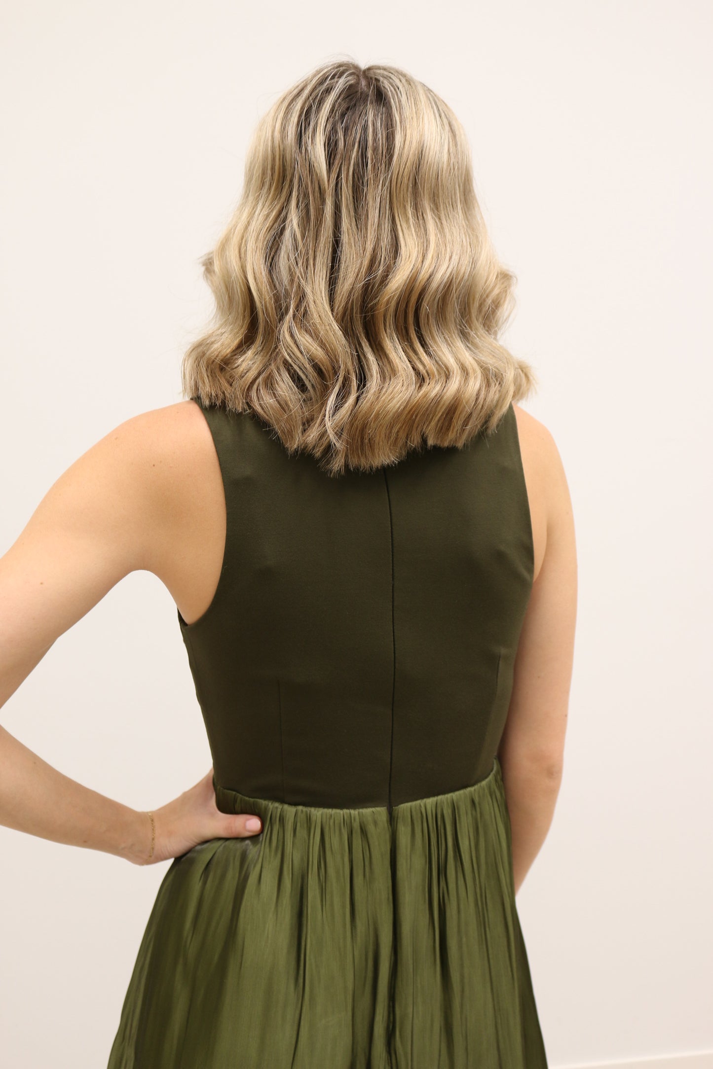 Farrah Mixed Media Taffeta Turtleneck Sleeveless Midi Dress - Olive Green