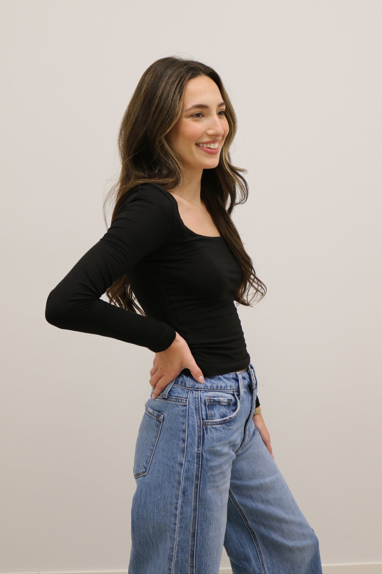 Final Touch Double Layer Square Neck Long Sleeve Knit Top - Black