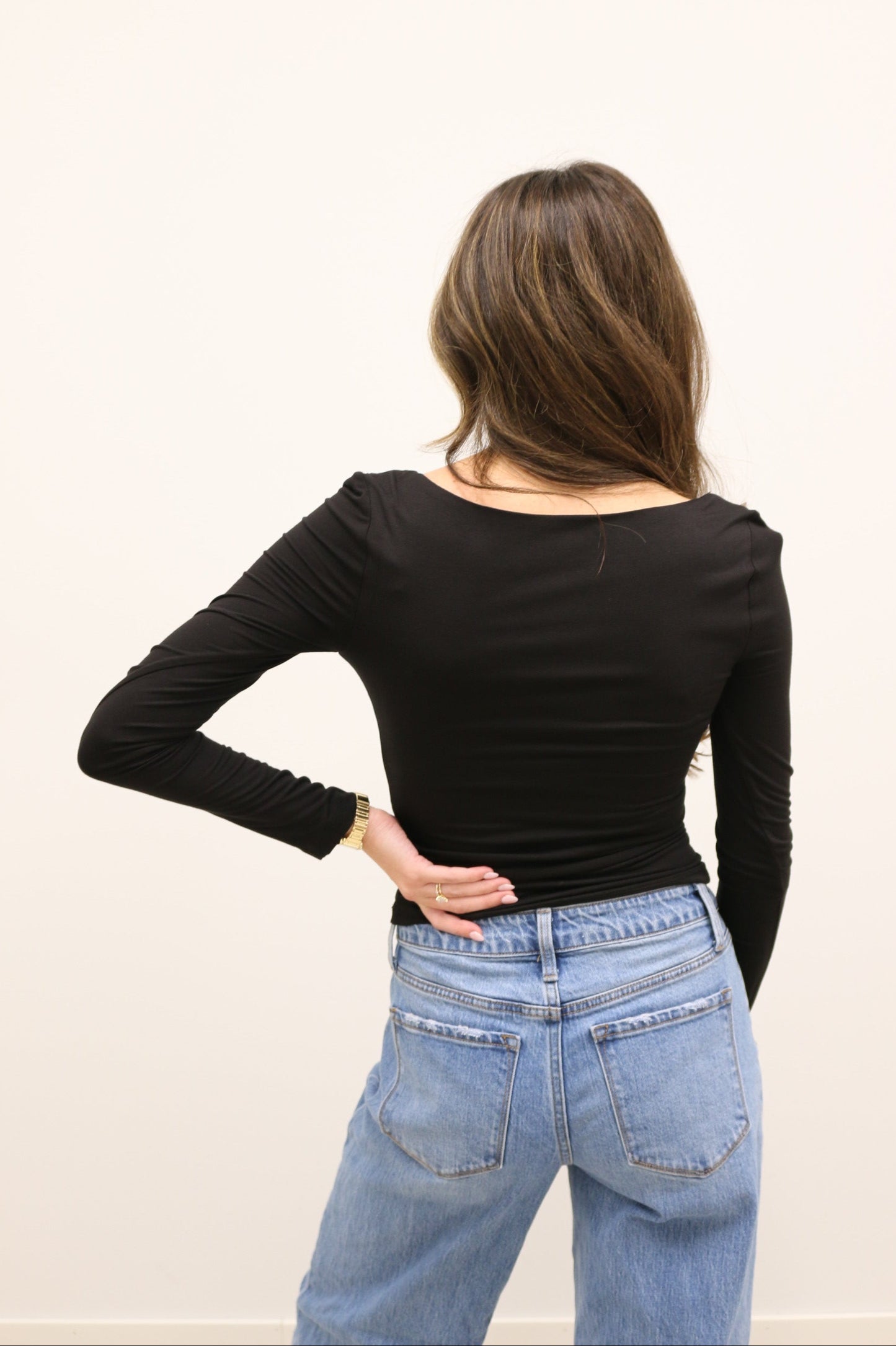 Final Touch Double Layer Square Neck Long Sleeve Knit Top - Black