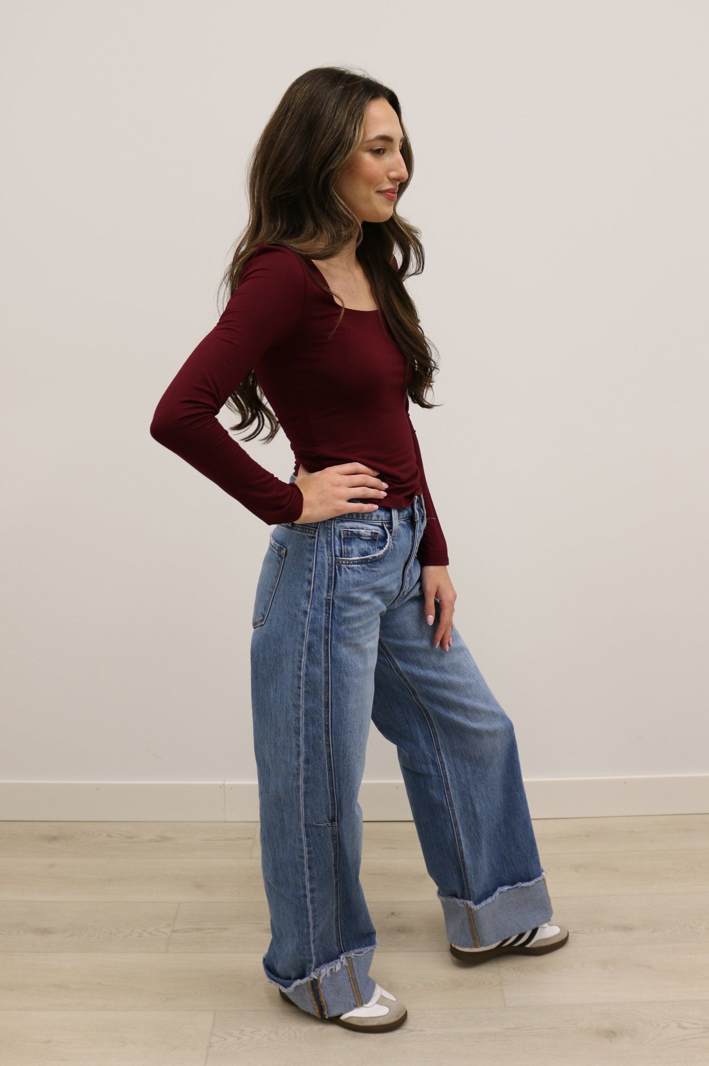 Final Touch Double Layer Square Neck Long Sleeve Knit Top - Burgundy Elderberry