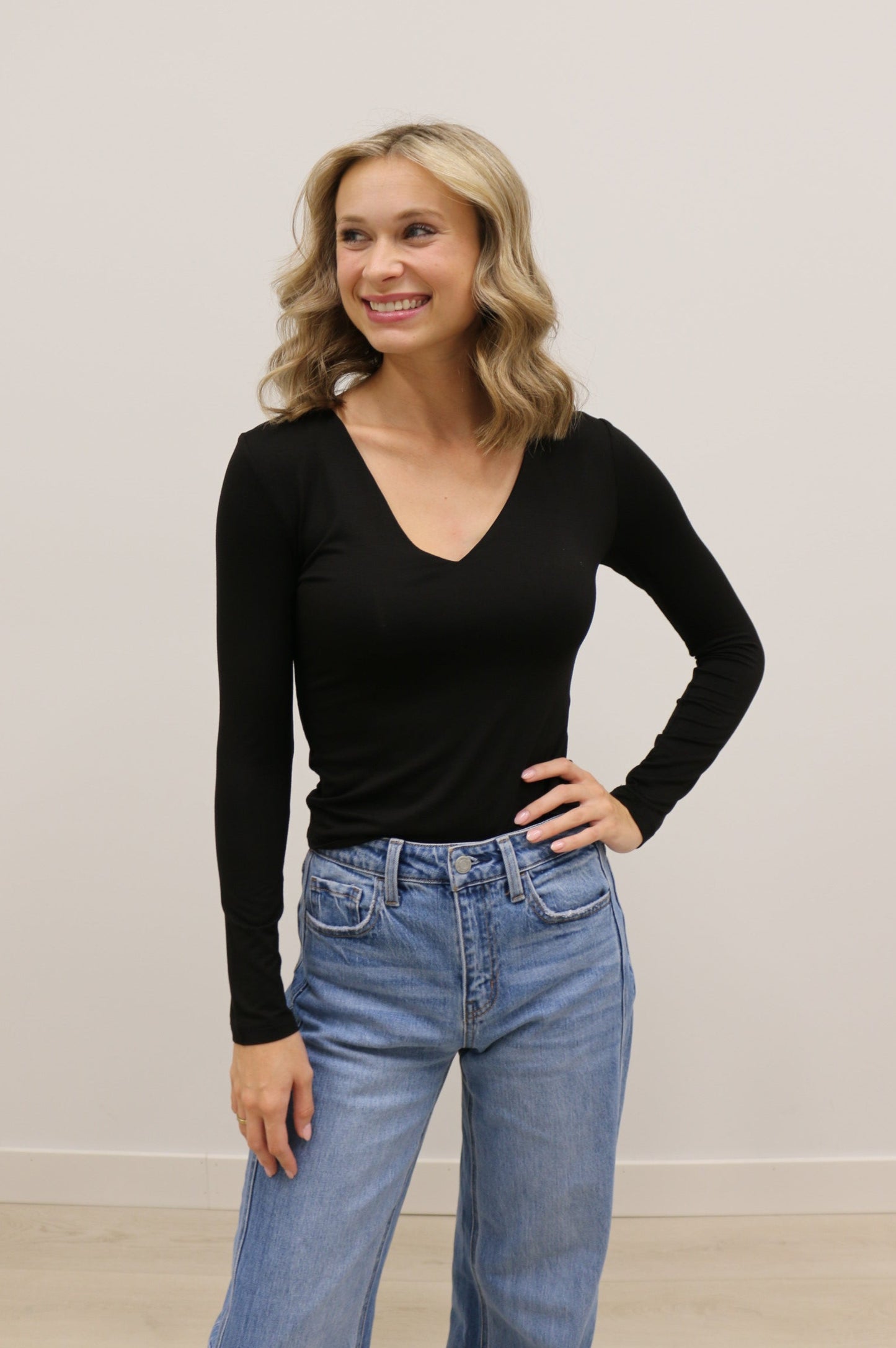 Final Touch Double Layer V-Neck Long Sleeve Knit Top - Black