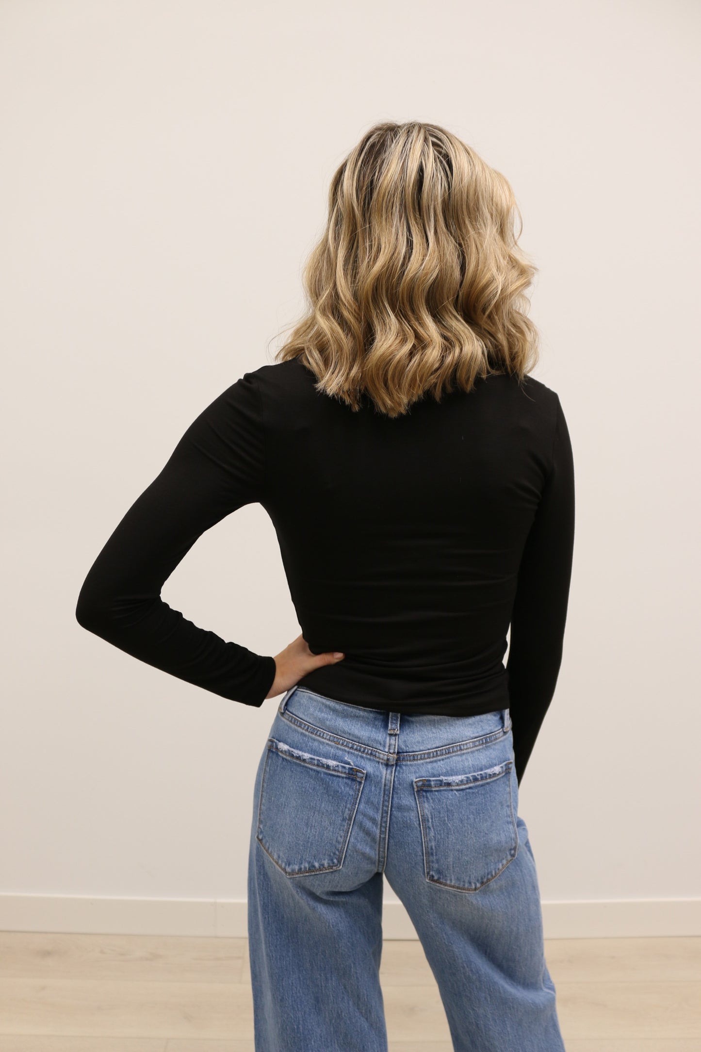 Final Touch Double Layer V-Neck Long Sleeve Knit Top - Black