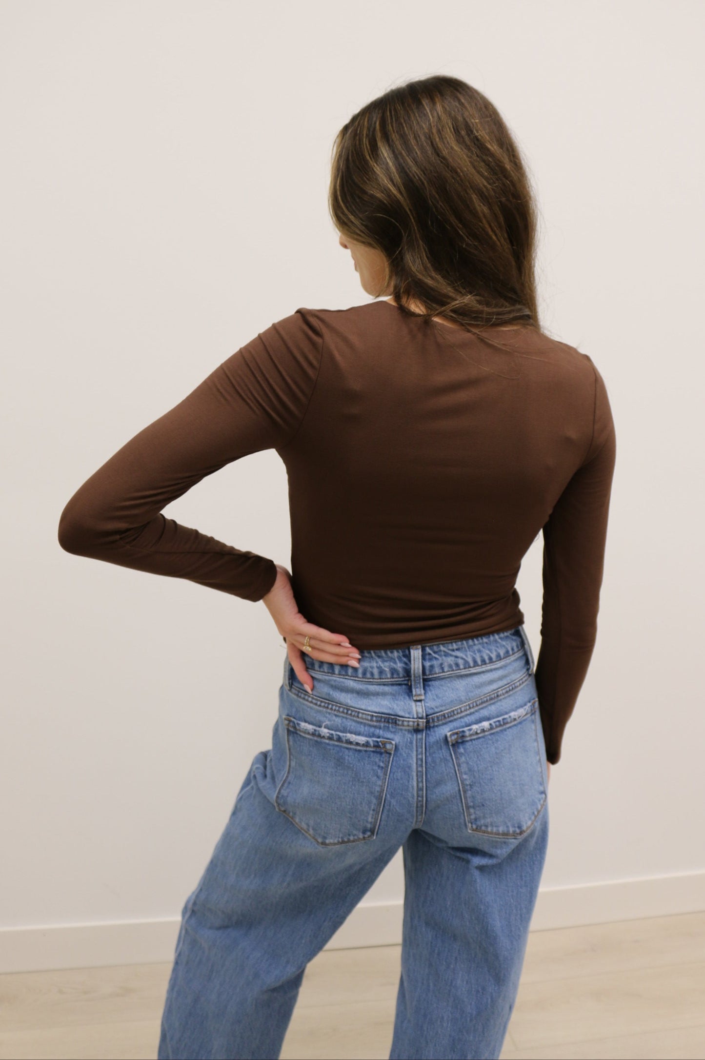 Final Touch Double Layer V-Neck Long Sleeve Knit Top - Brown