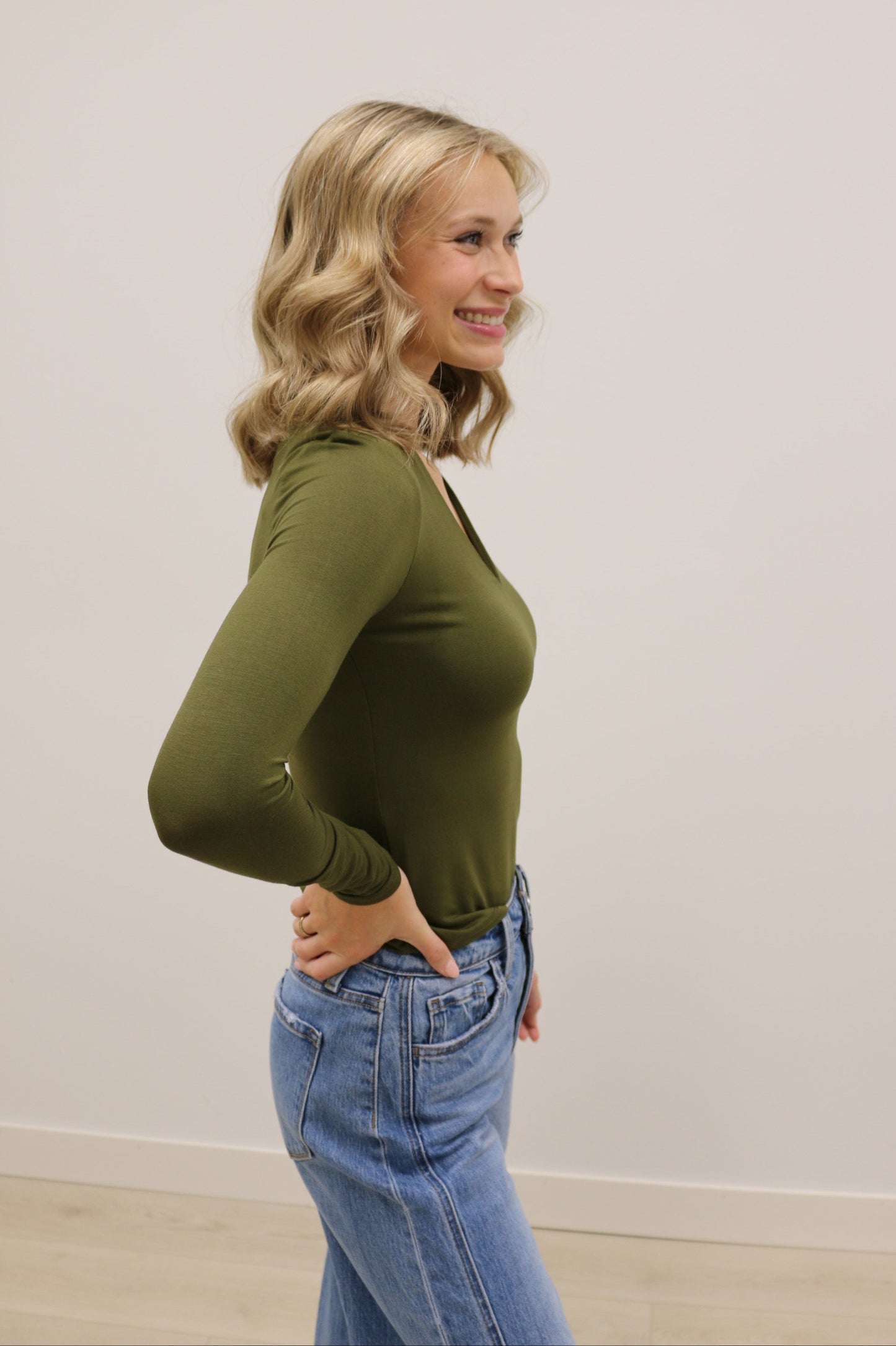 Final Touch Double Layer V-Neck Long Sleeve Knit Top - Olive Green