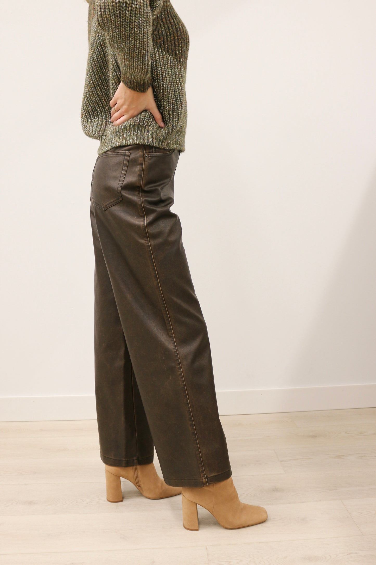 Harper High Waisted Distressed Faux Leather Wide Leg Pants - Coco Brown
