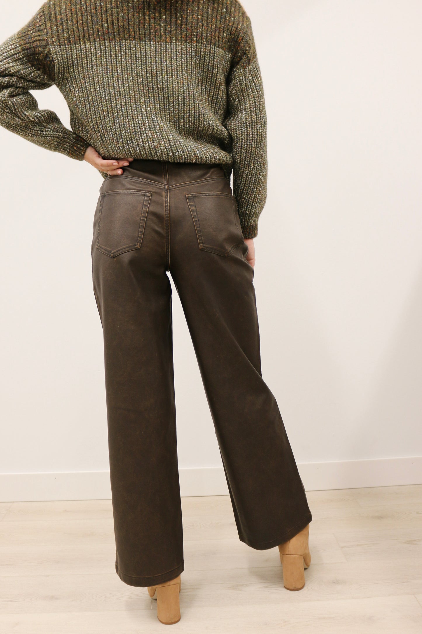 Harper High Waisted Distressed Faux Leather Wide Leg Pants - Coco Brown