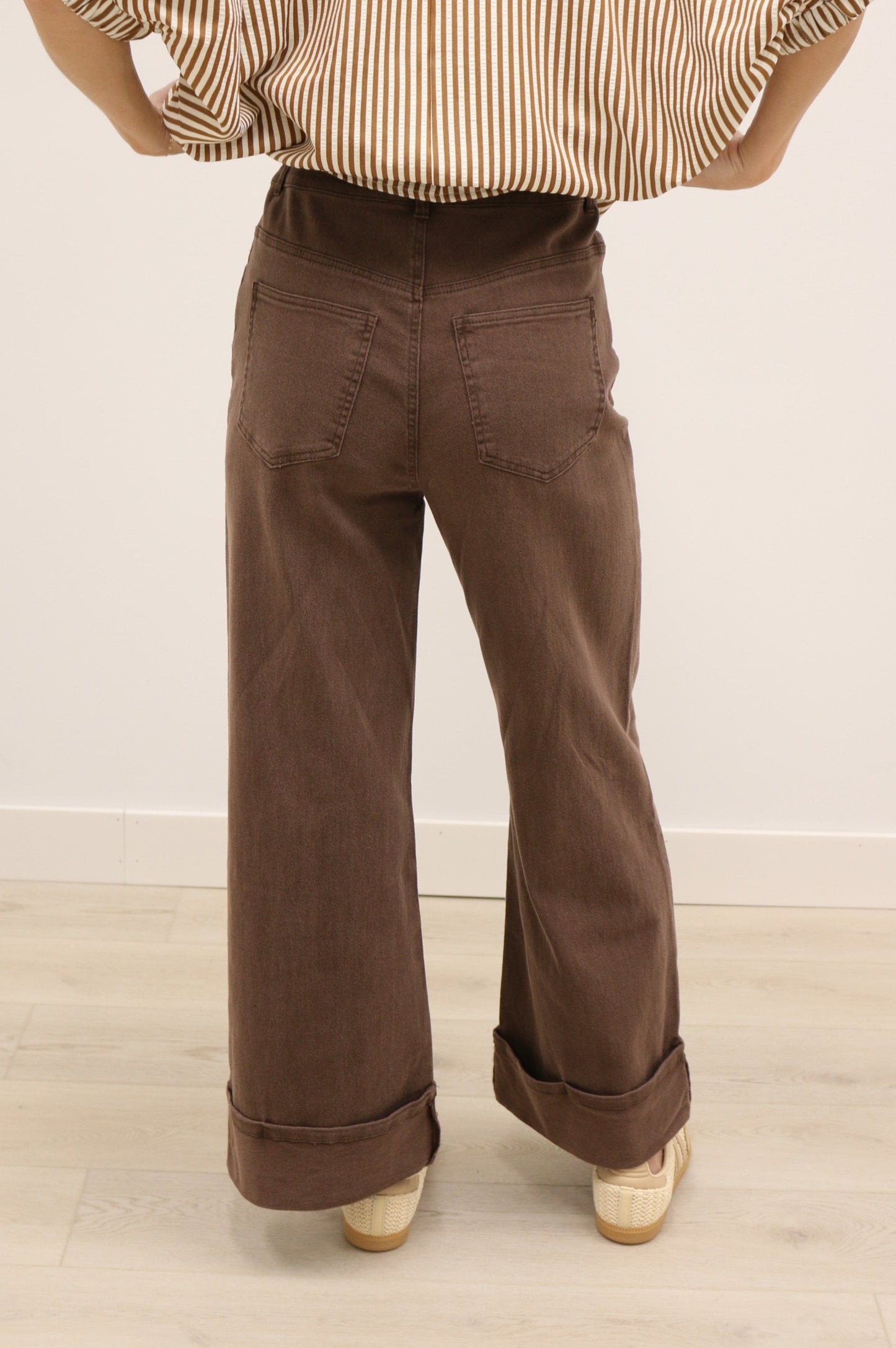 Nataline High Waisted Casual Wide Leg Cuffed Pant - Brown