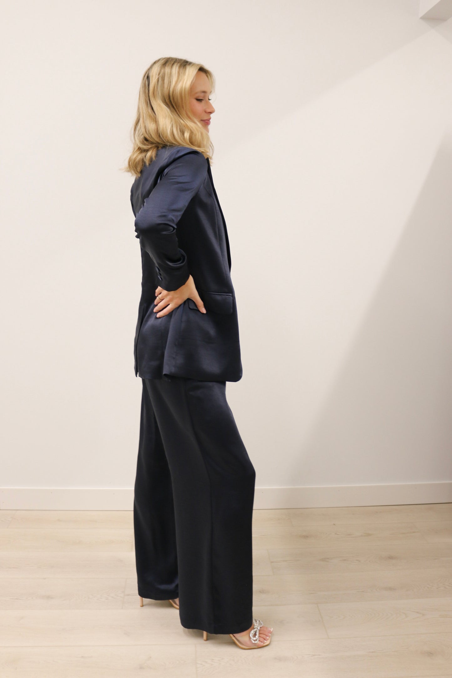 Icon High Waisted Brushed Satin Wide Leg Trousers - Deep Navy