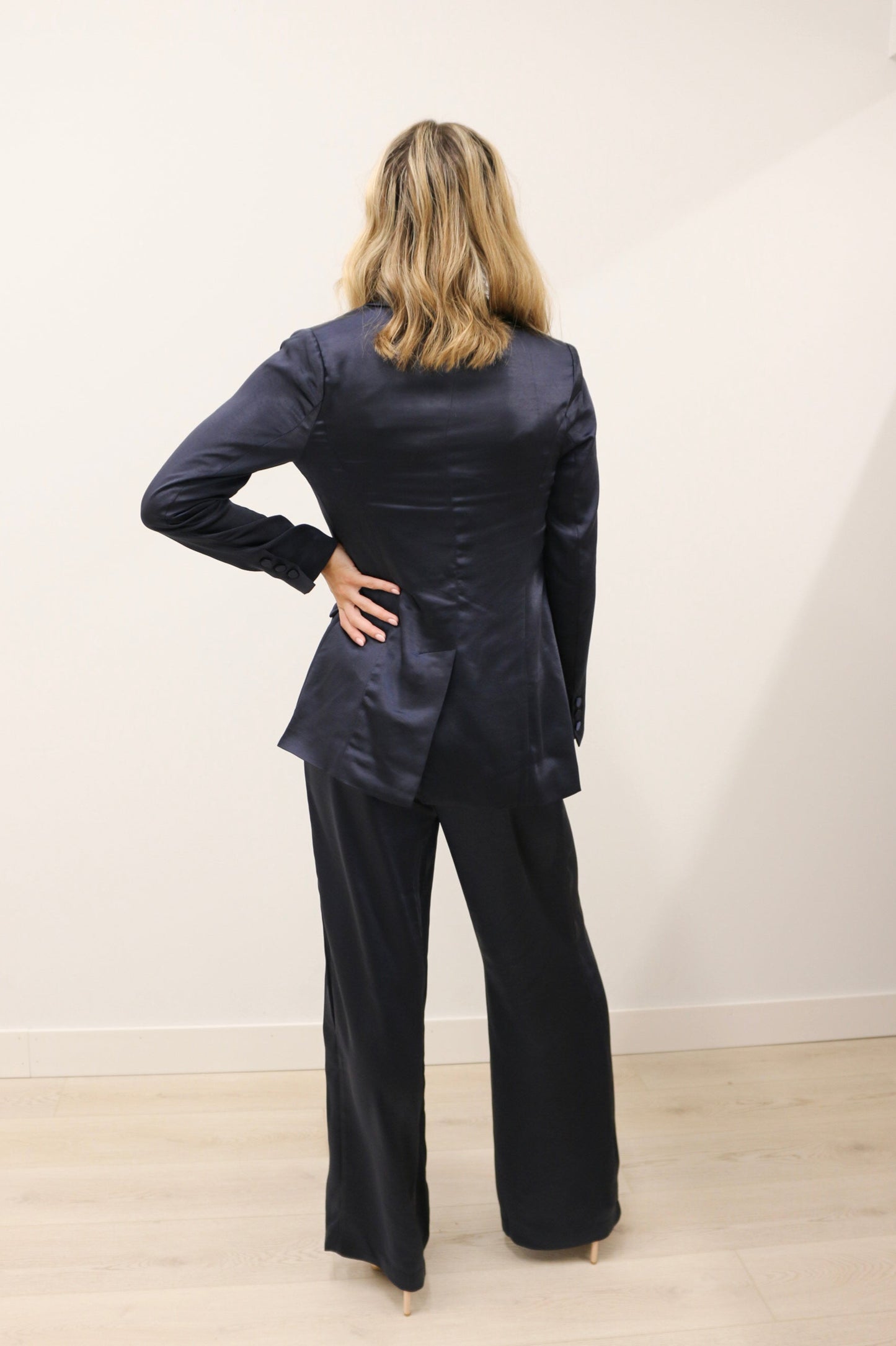Icon High Waisted Brushed Satin Wide Leg Trousers - Deep Navy