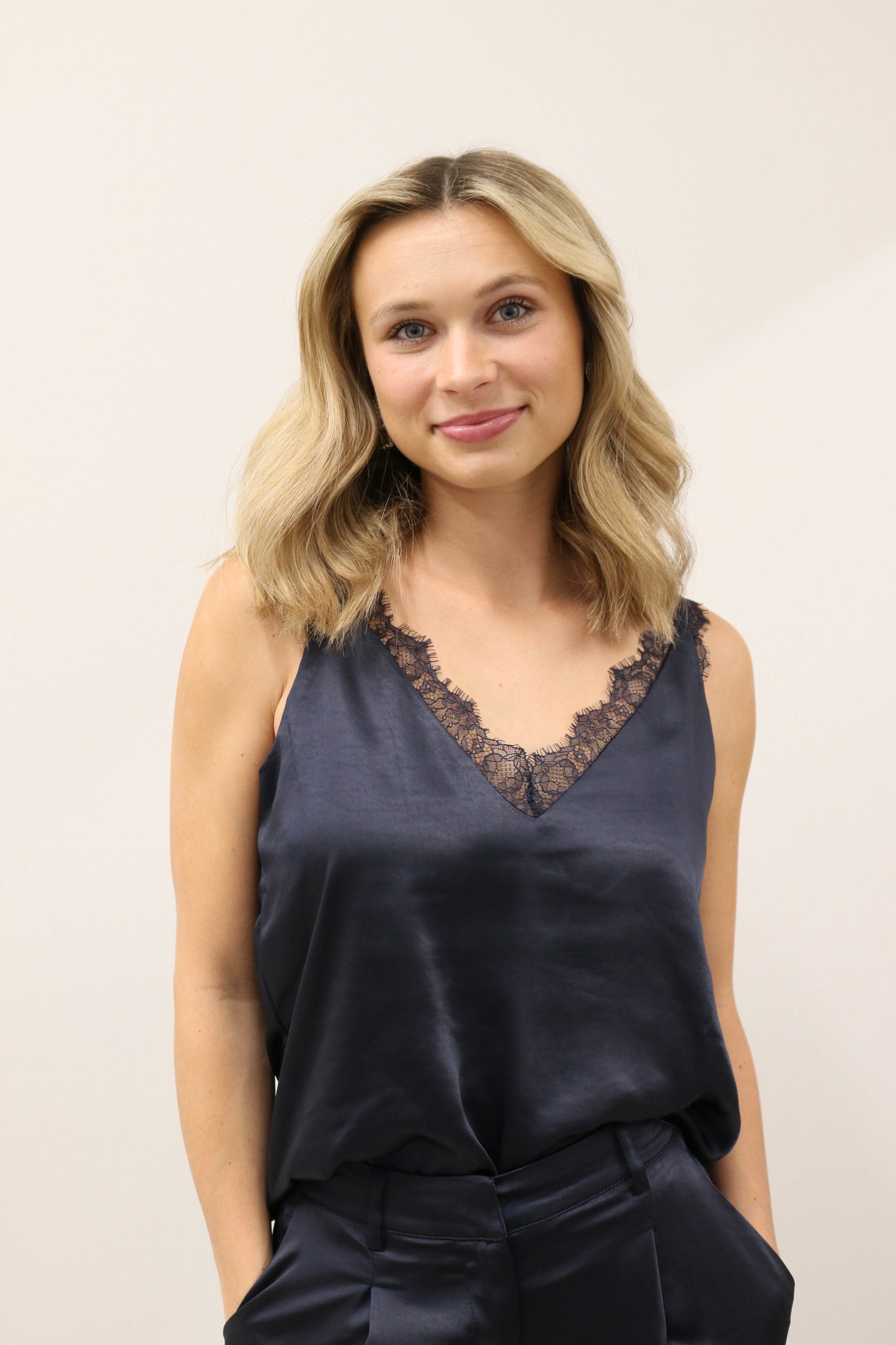 Icon Lace Trim Brushed Satin Tank - Deep Navy