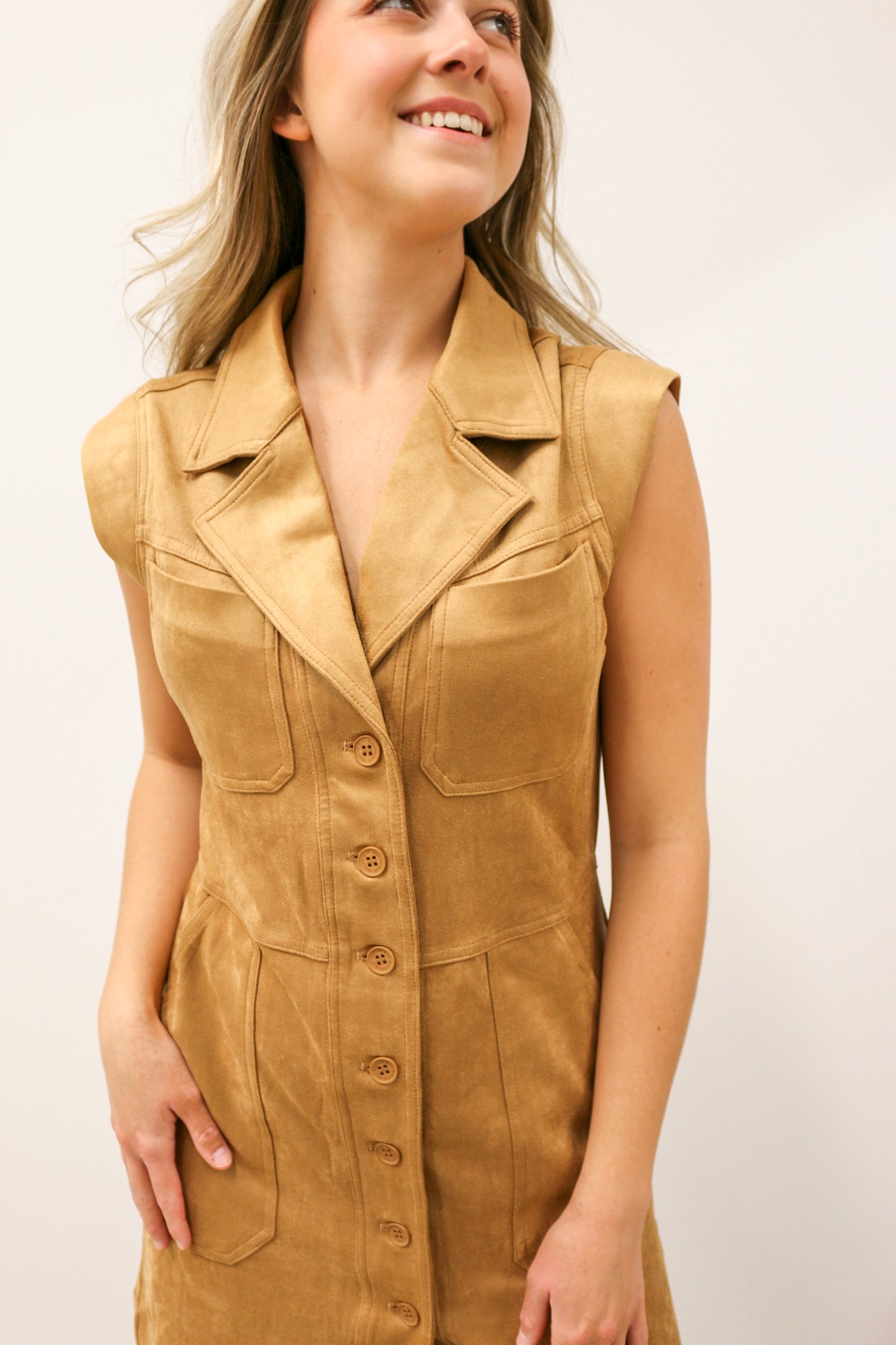 Lana Suede Button Front Sleeveless Mini Dress - Camel Brown
