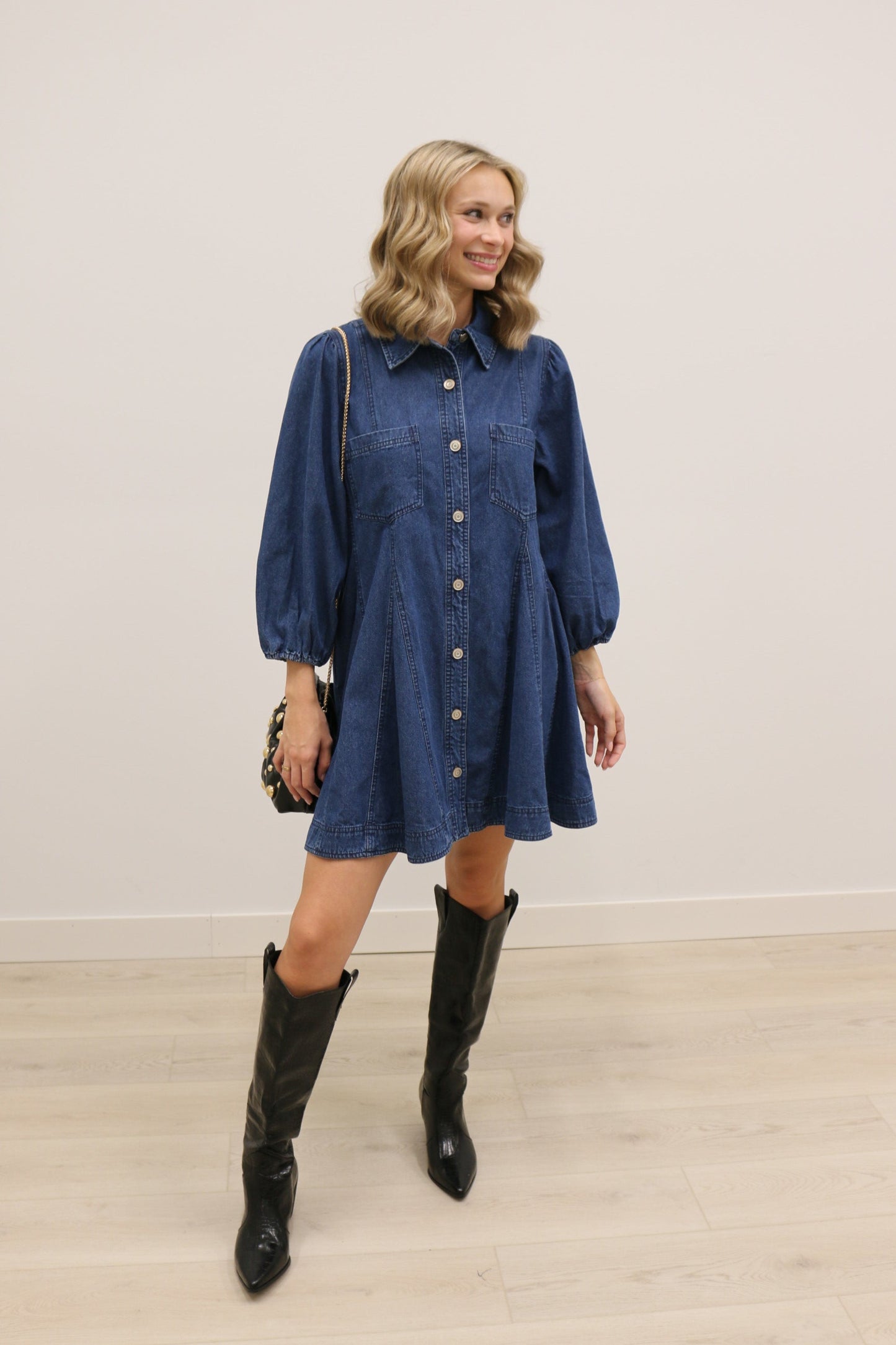 Jemma Long Sleeve Button Front Denim Mini Dress - Dark Denim