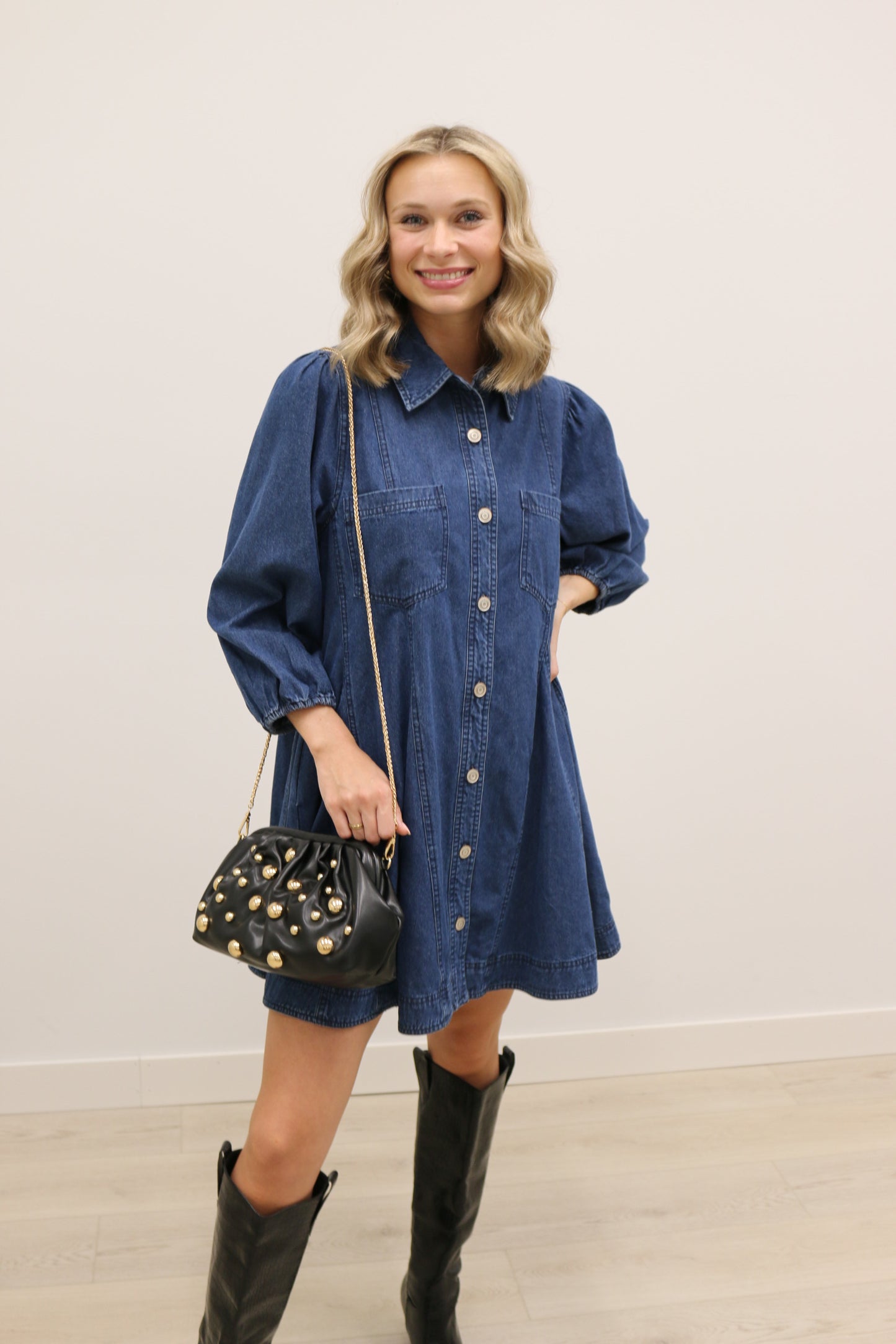 Jemma Long Sleeve Button Front Denim Mini Dress - Dark Denim
