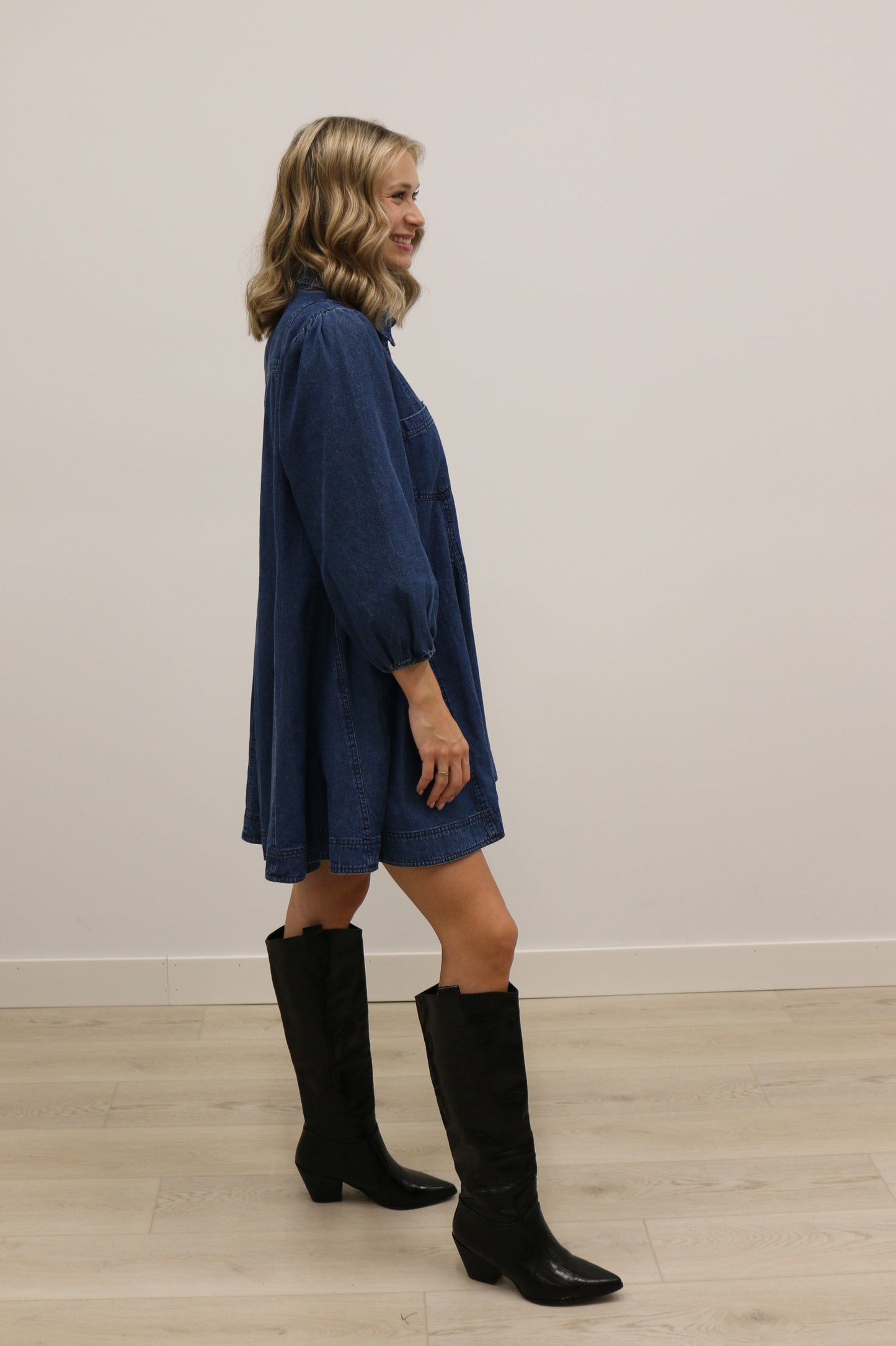 Jemma Long Sleeve Button Front Denim Mini Dress - Dark Denim