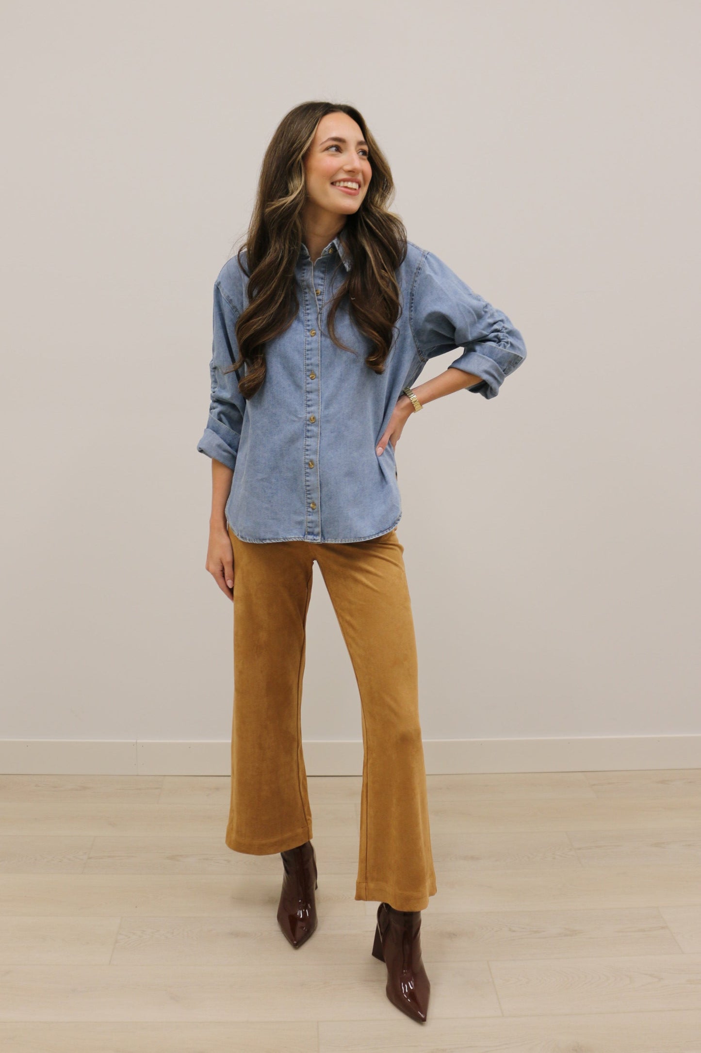 Varra Long Ruched Sleeve Collared Button Up Denim Shirt - Denim Blue