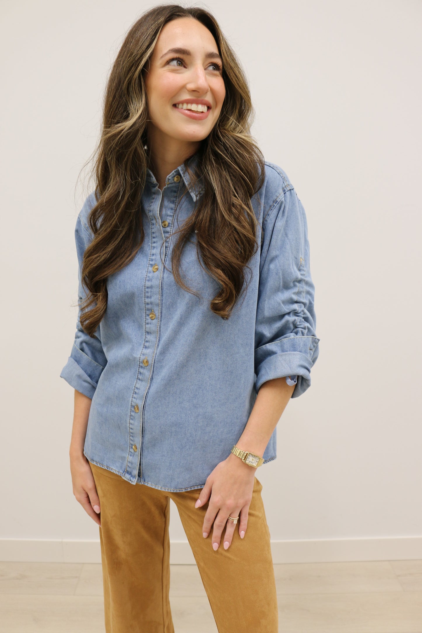 Varra Long Ruched Sleeve Collared Button Up Denim Shirt - Denim Blue