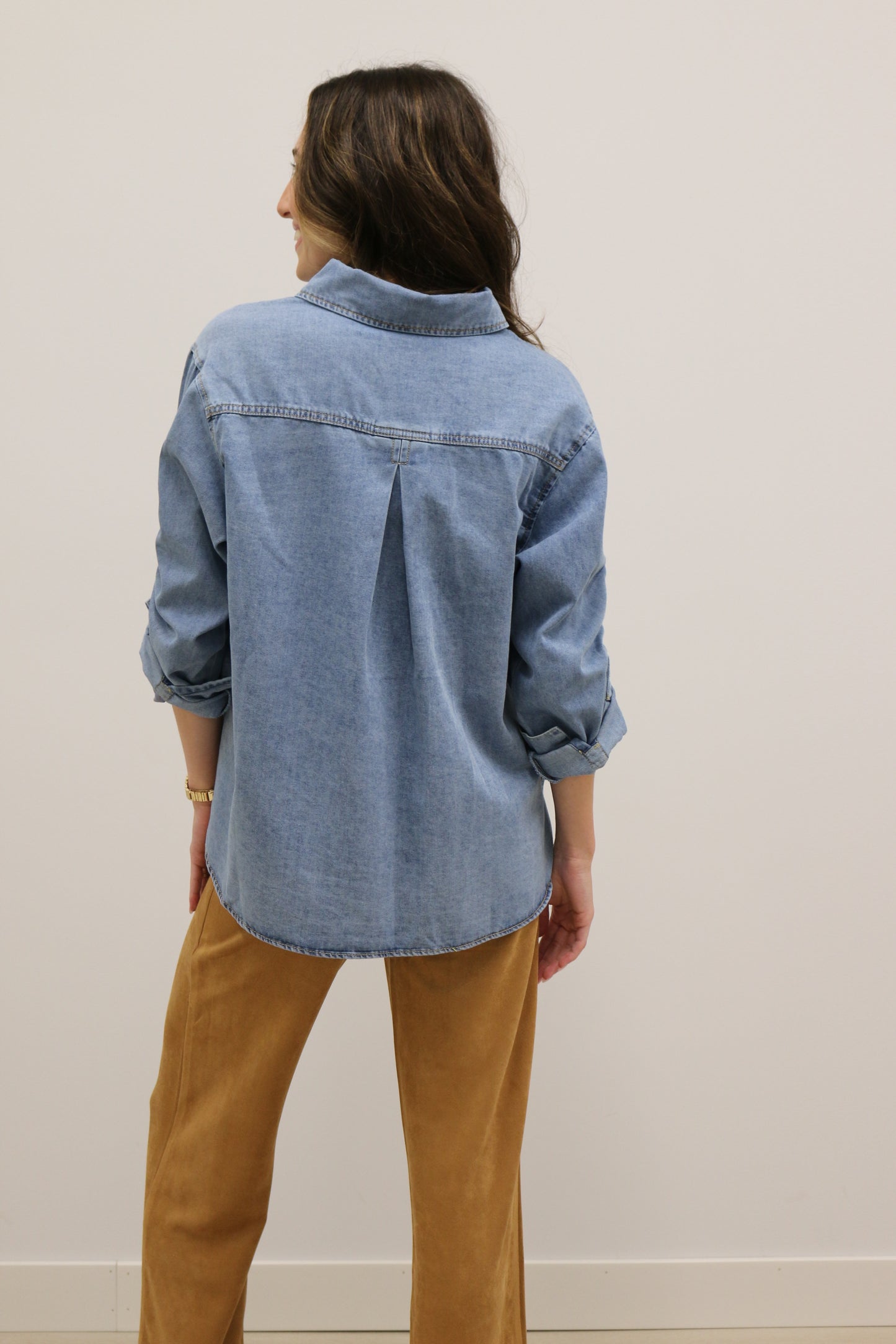 Varra Long Ruched Sleeve Collared Button Up Denim Shirt - Denim Blue