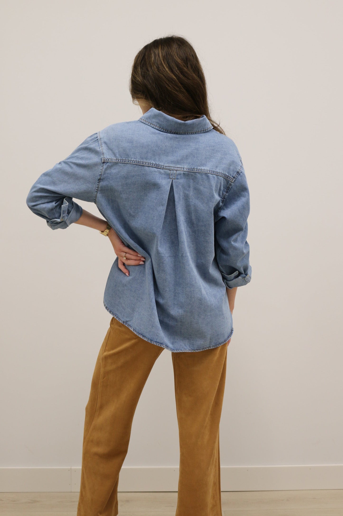 Varra Long Ruched Sleeve Collared Button Up Denim Shirt - Denim Blue