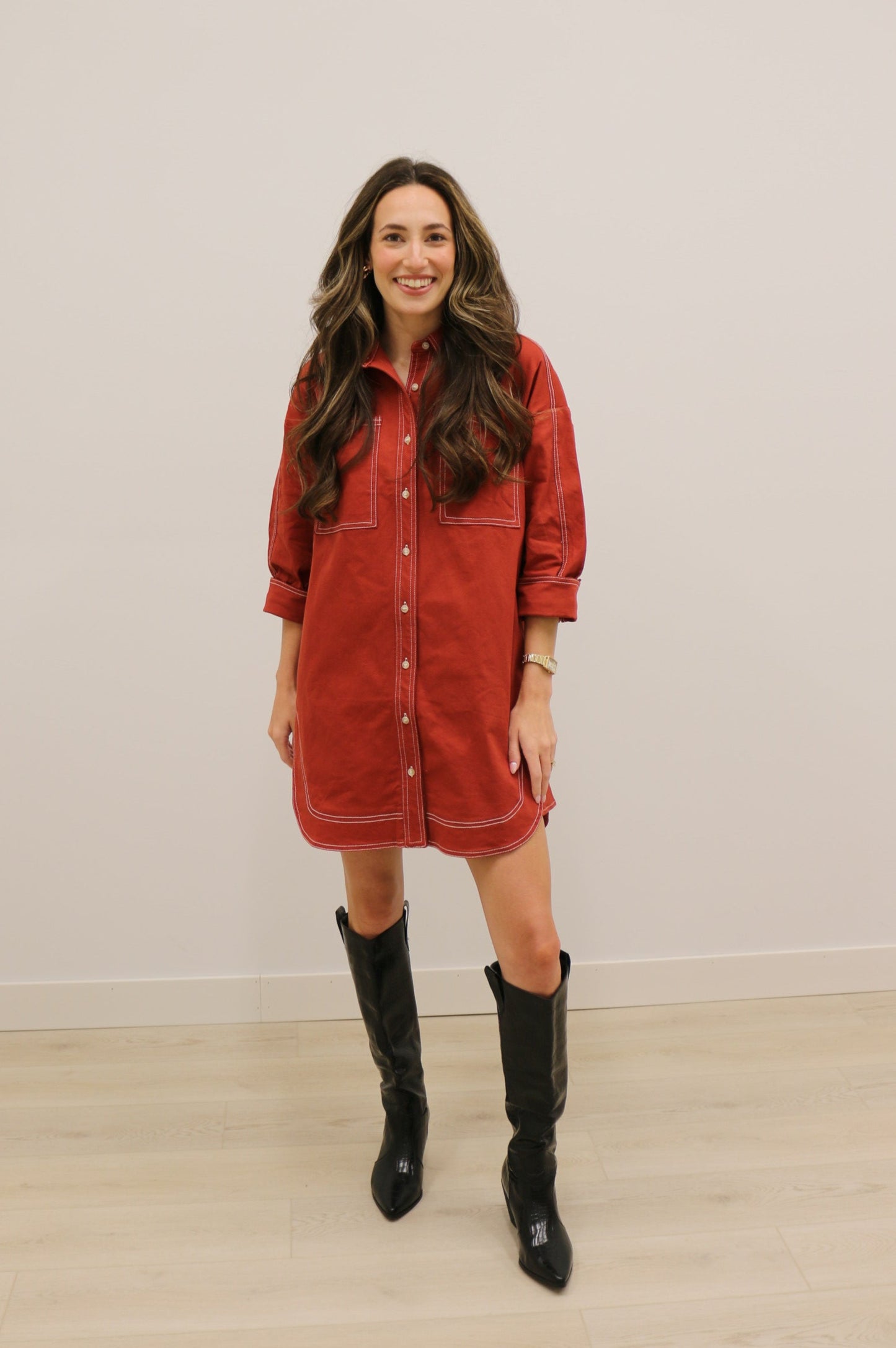 Ranch Contrast Stitch Western Pocket Mini Dress - Rust