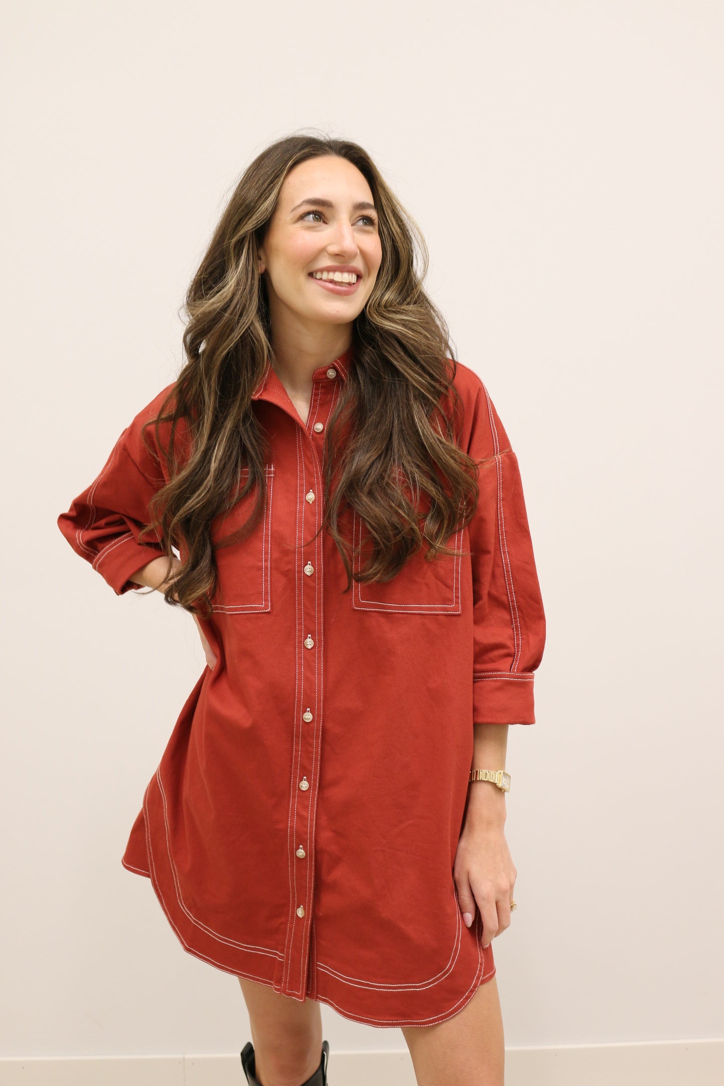 Ranch Contrast Stitch Western Pocket Mini Dress - Rust