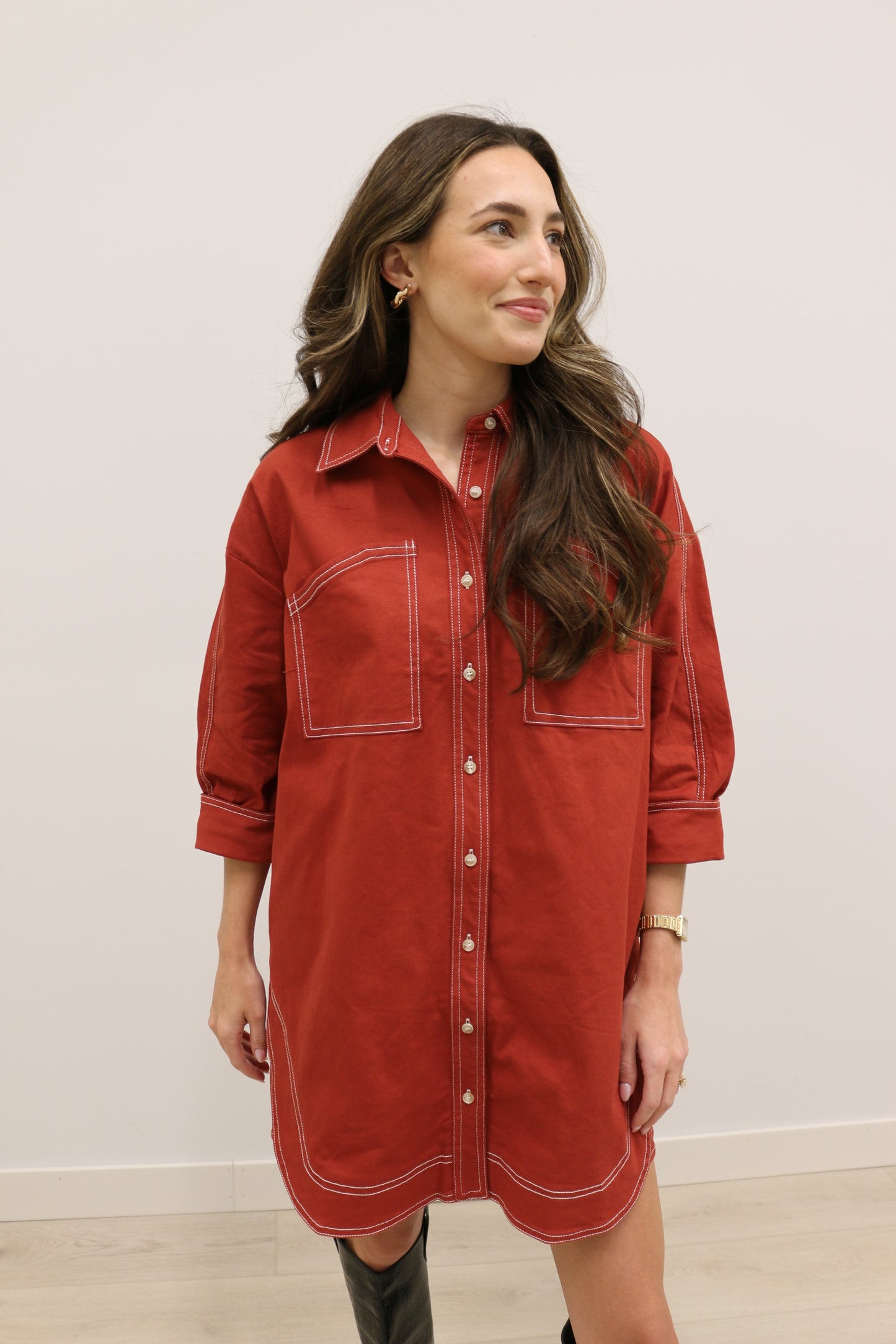 Ranch Contrast Stitch Western Pocket Mini Dress - Rust