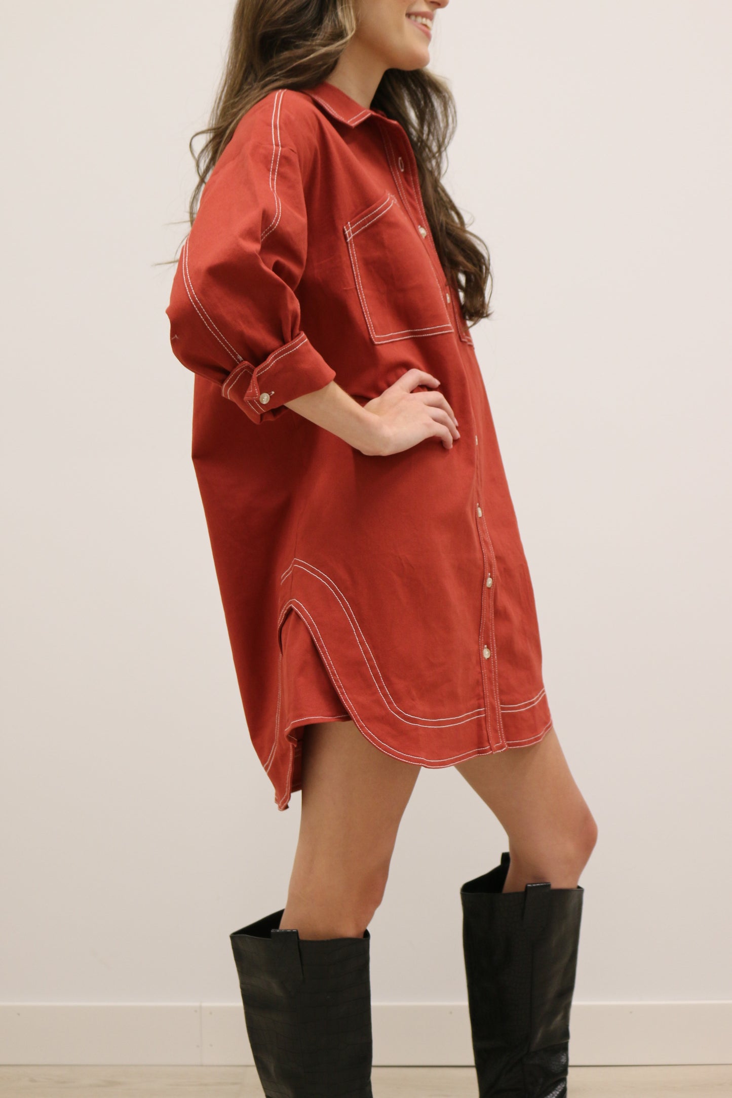Ranch Contrast Stitch Western Pocket Mini Dress - Rust