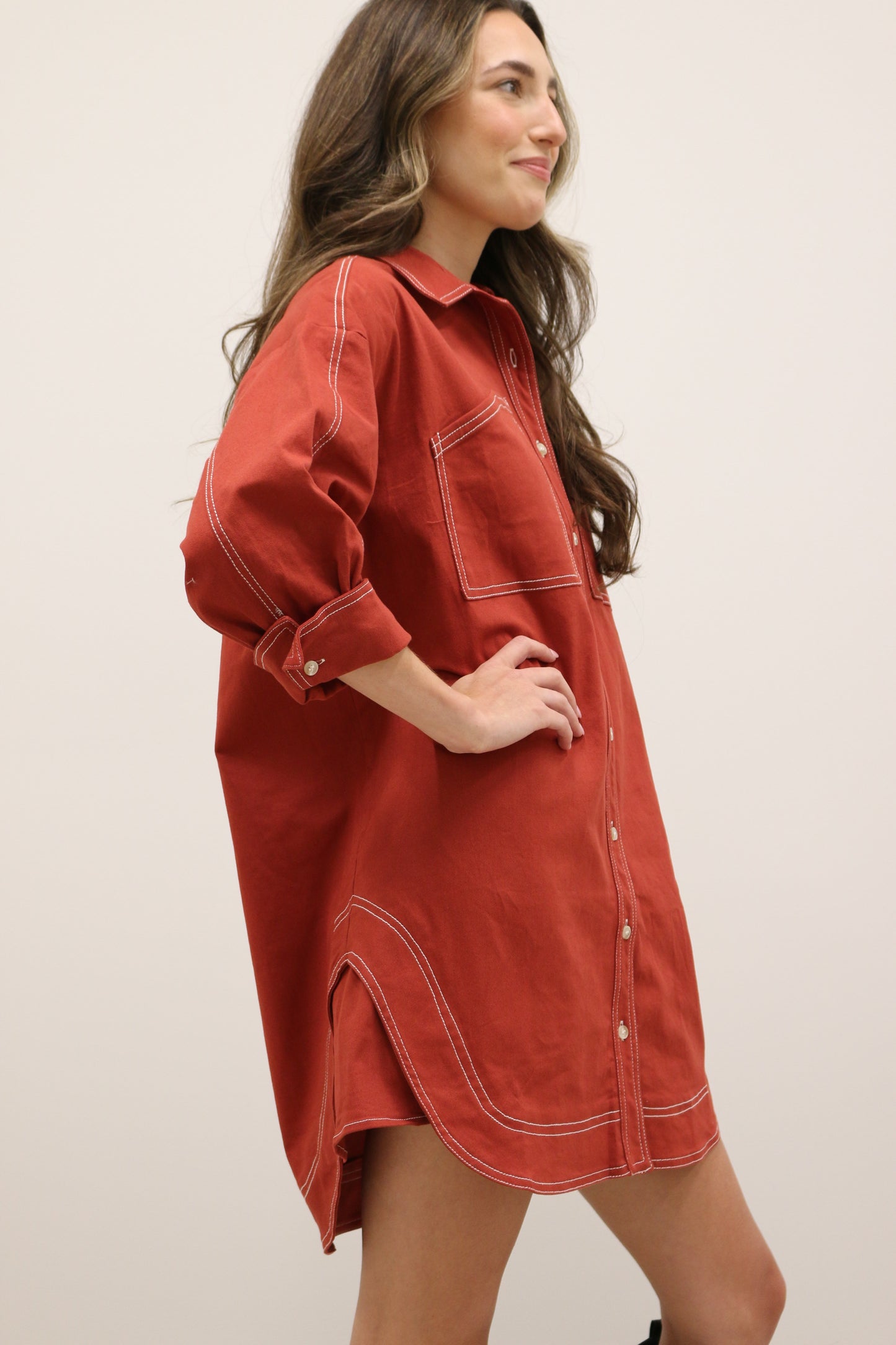 Ranch Contrast Stitch Western Pocket Mini Dress - Rust