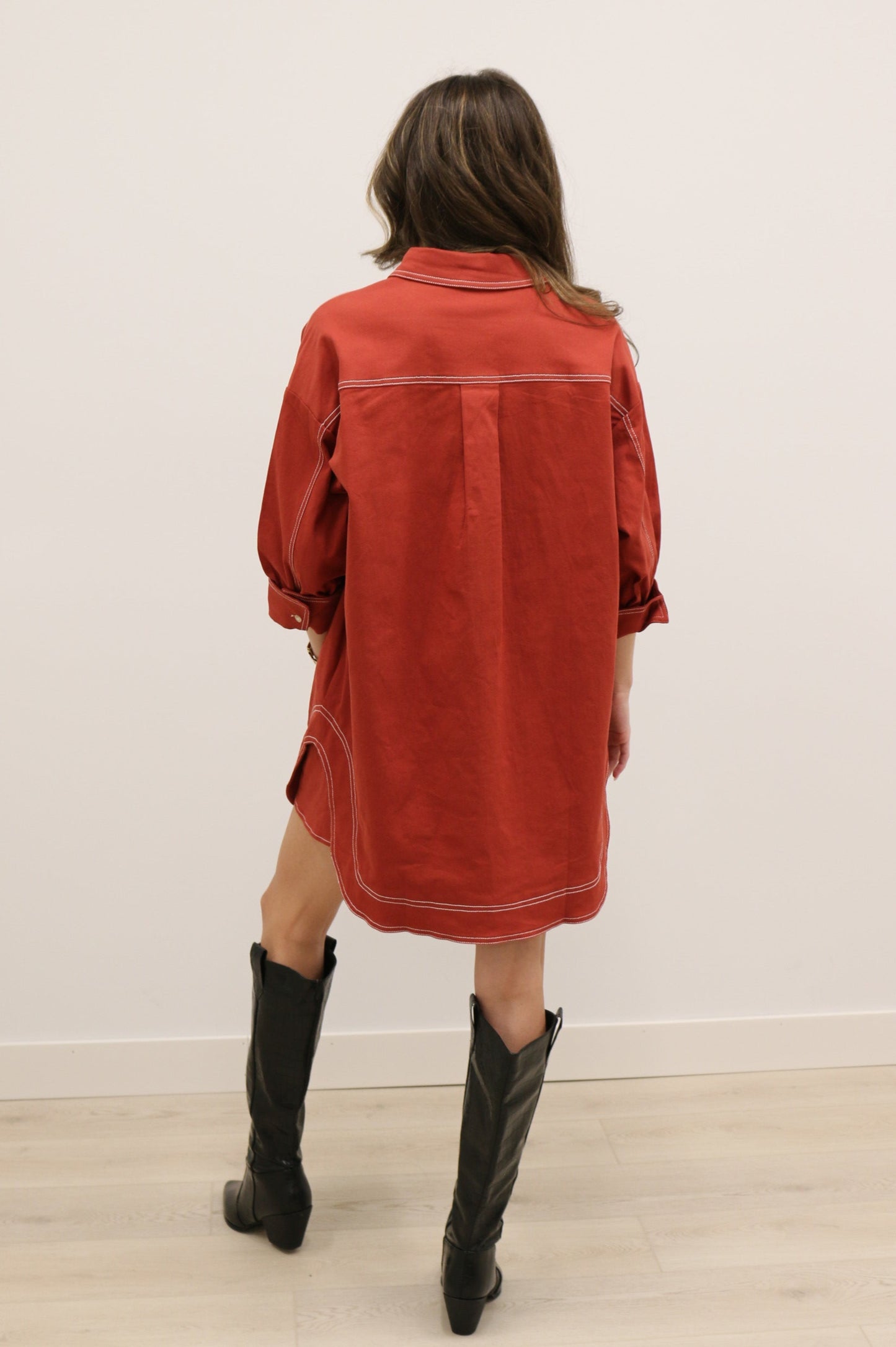 Ranch Contrast Stitch Western Pocket Mini Dress - Rust
