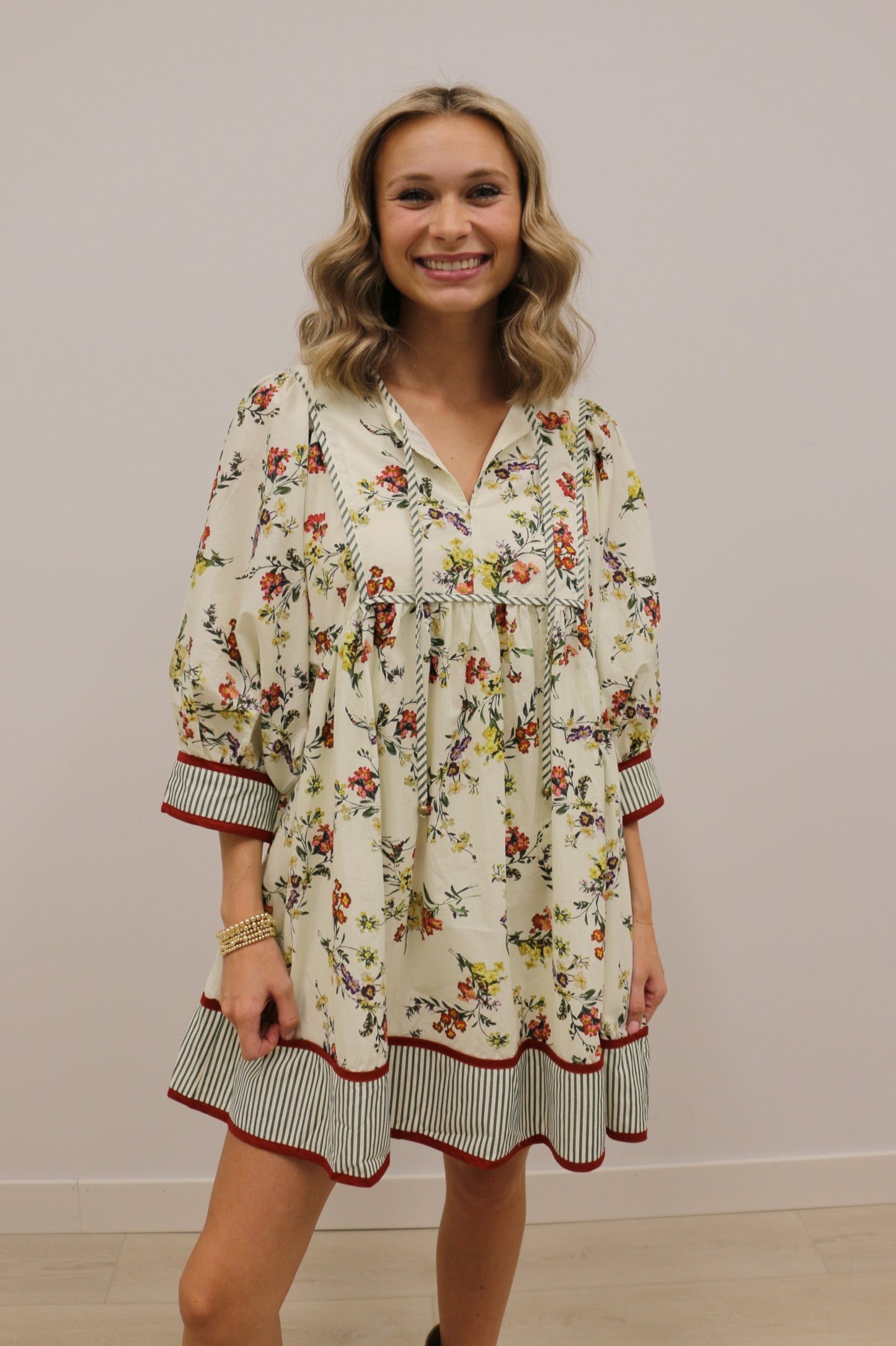 Romance in Bloom Floral Constrast Trim Mini Dress - Ecru Multi