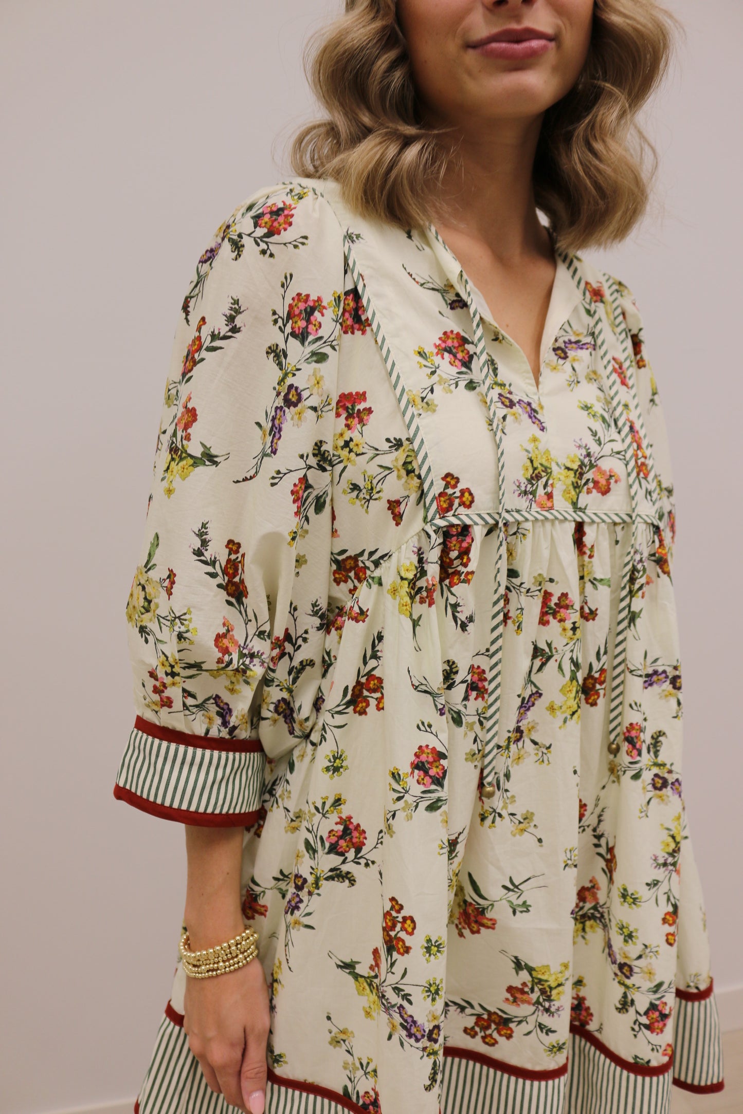 Romance in Bloom Floral Constrast Trim Mini Dress - Ecru Multi