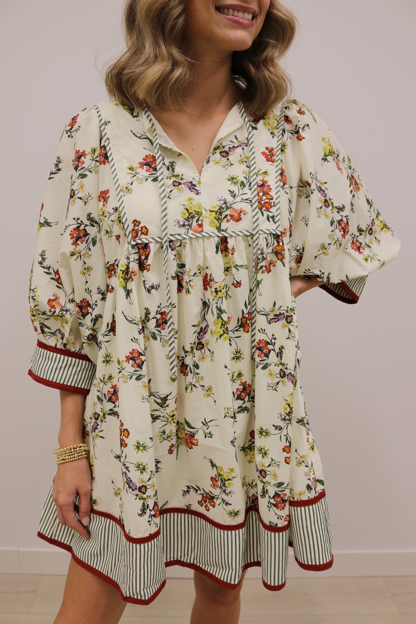 Romance in Bloom Floral Constrast Trim Mini Dress - Ecru Multi