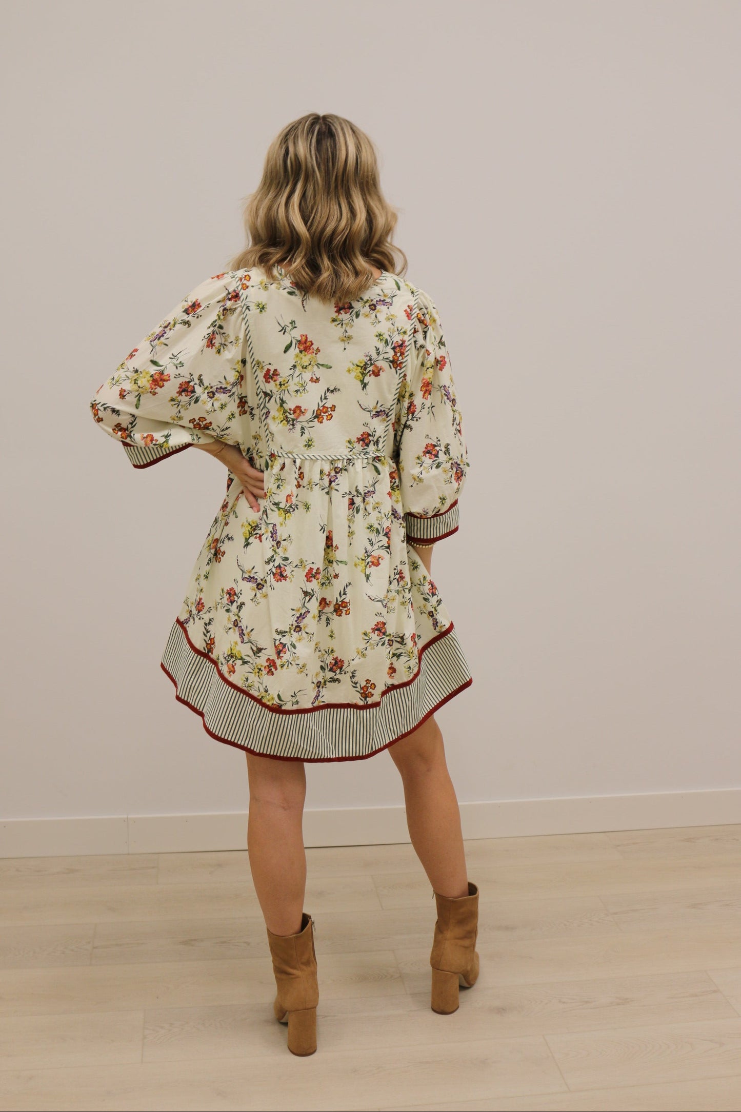 Romance in Bloom Floral Constrast Trim Mini Dress - Ecru Multi