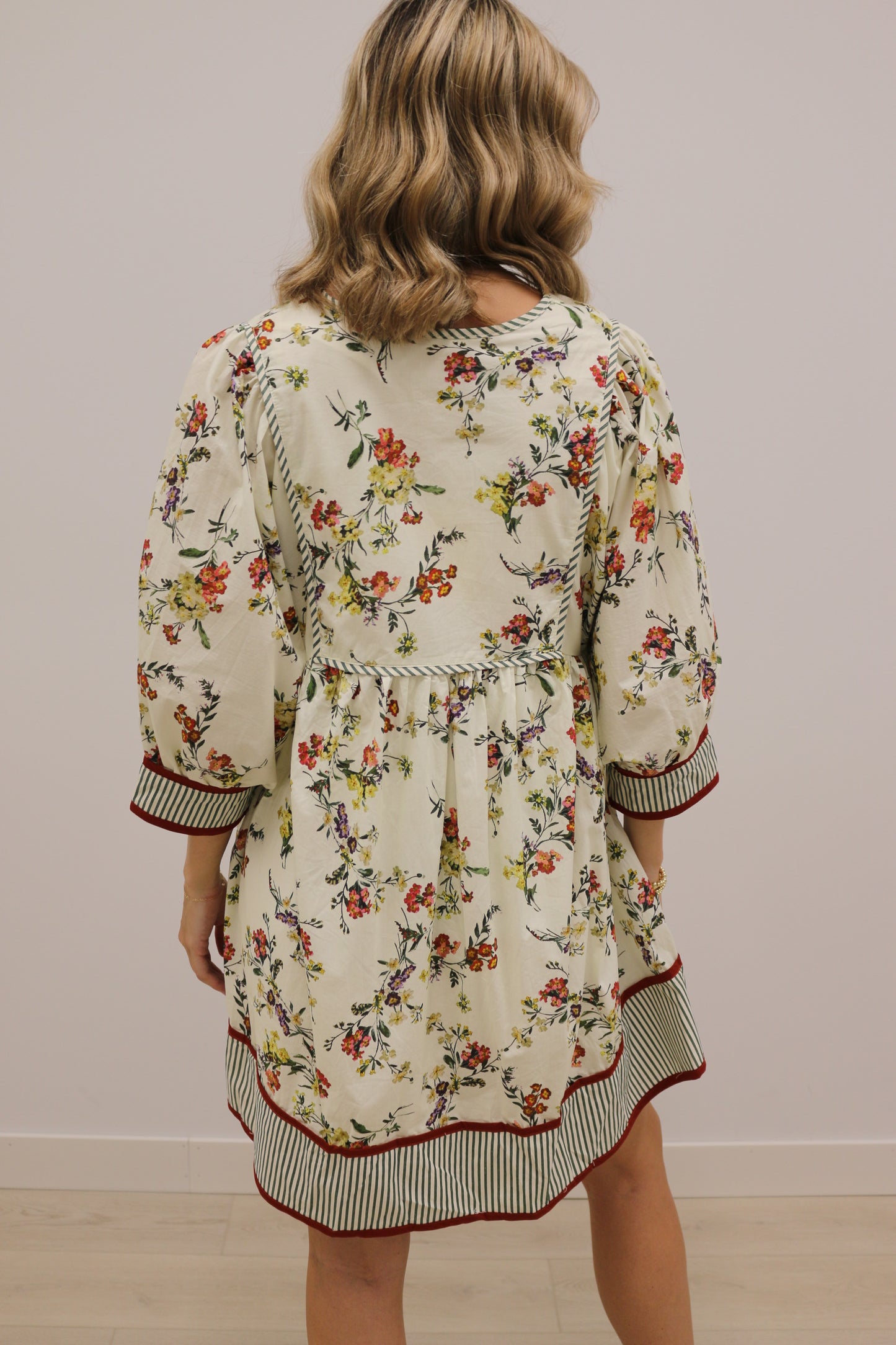 Romance in Bloom Floral Constrast Trim Mini Dress - Ecru Multi