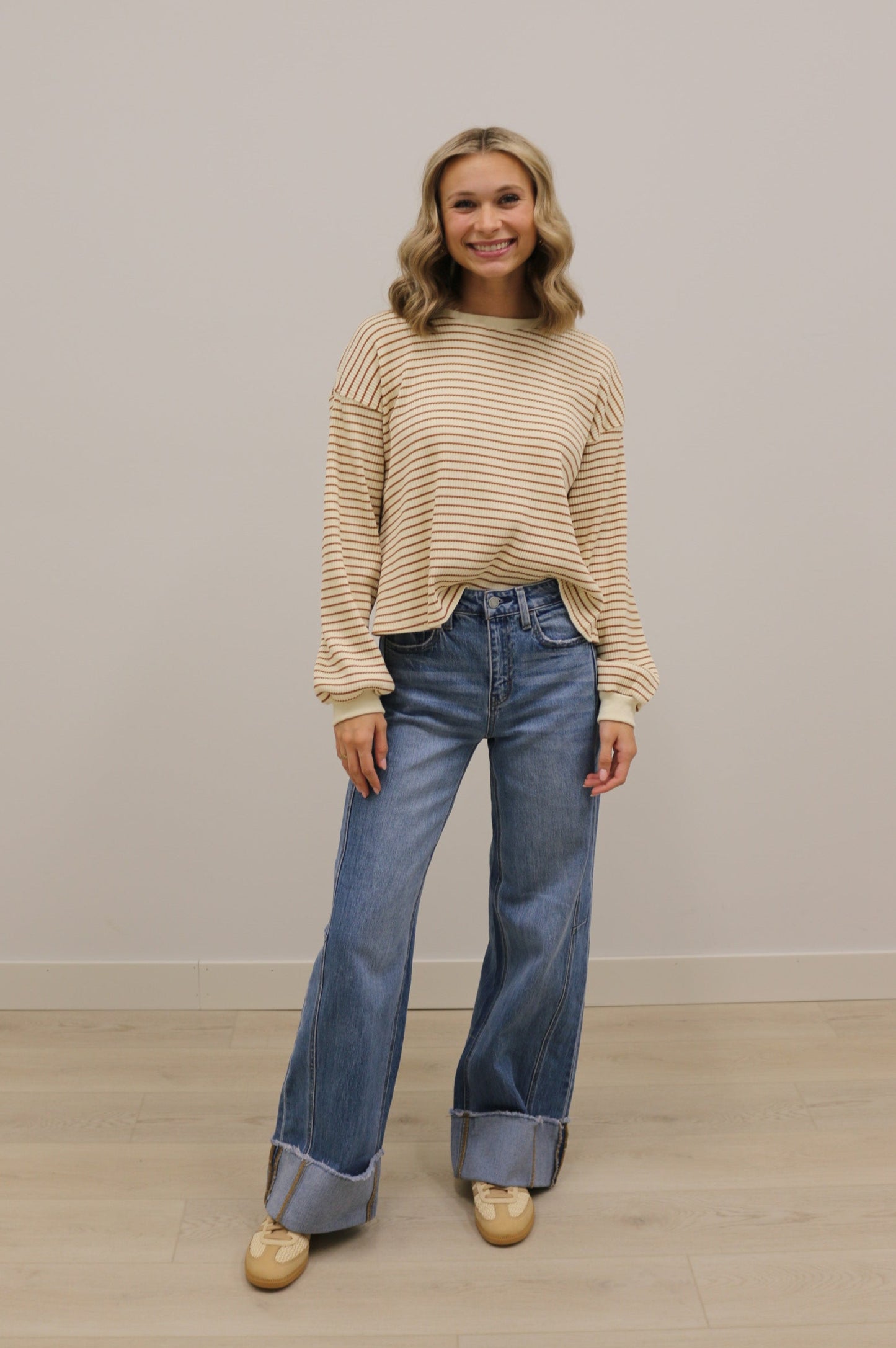 Leisure Stripe Ribbed Crewneck Long Sleeve Knit Top - Cream Brown