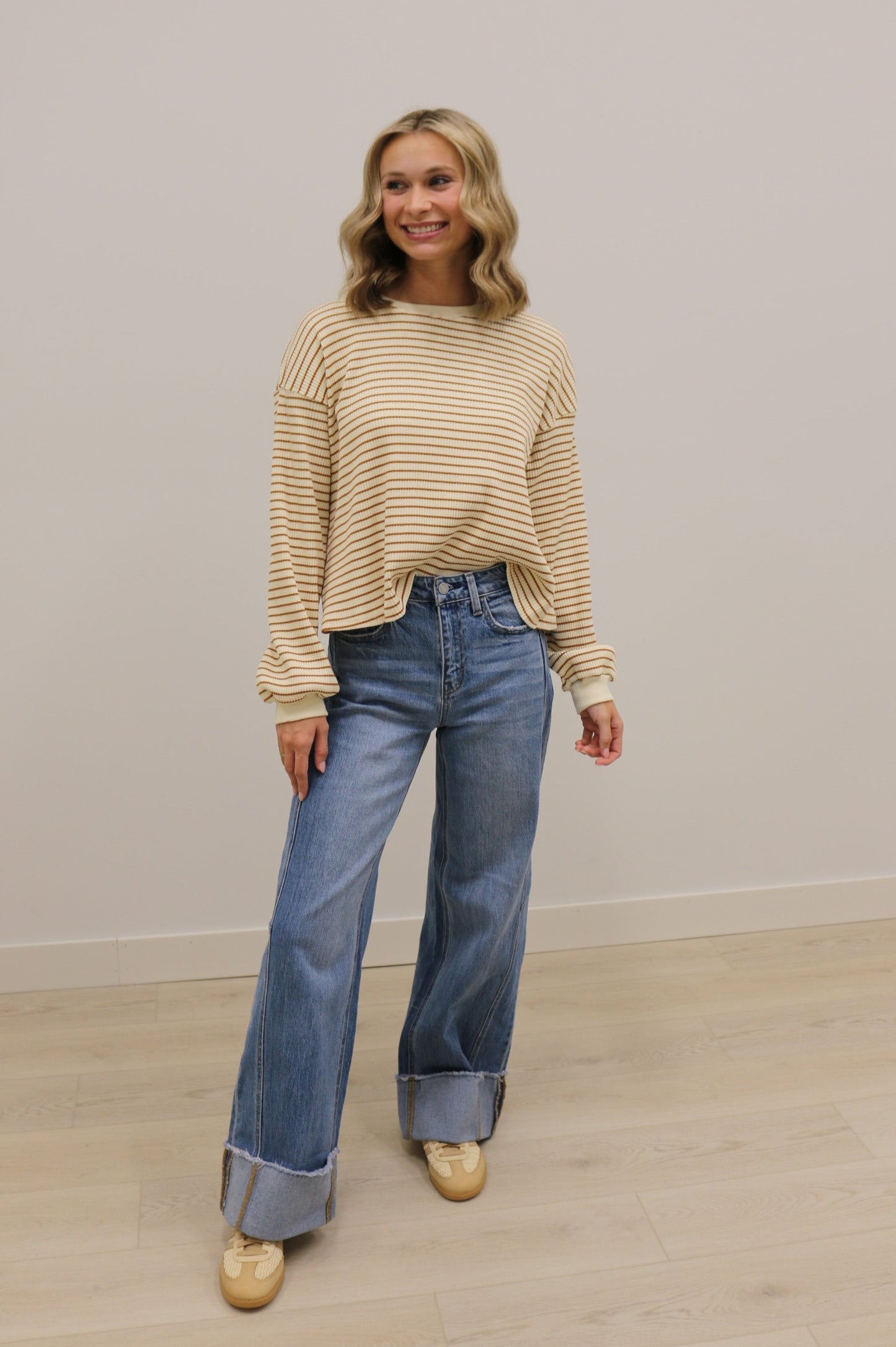 Leisure Stripe Ribbed Crewneck Long Sleeve Knit Top - Cream Brown